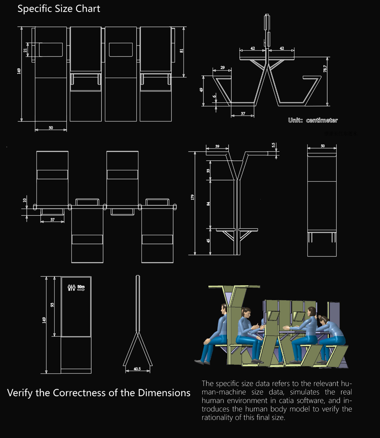 Precise technical drawings validate the furniture’s scale, ergonomics, and adaptability to human-centered design standards.