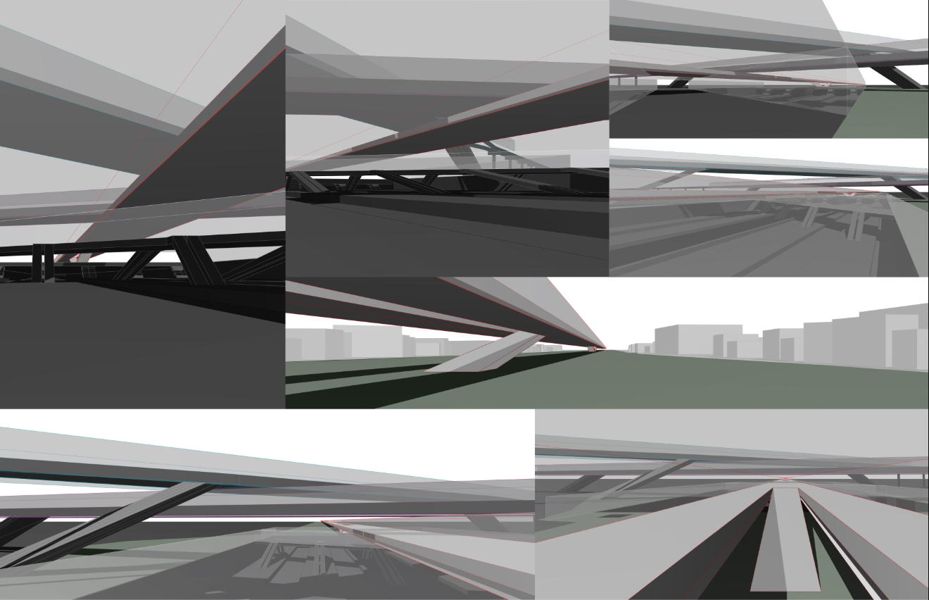Sequential interior and exterior views exploring the architectural rhythm and layering of the elevated expressway system.