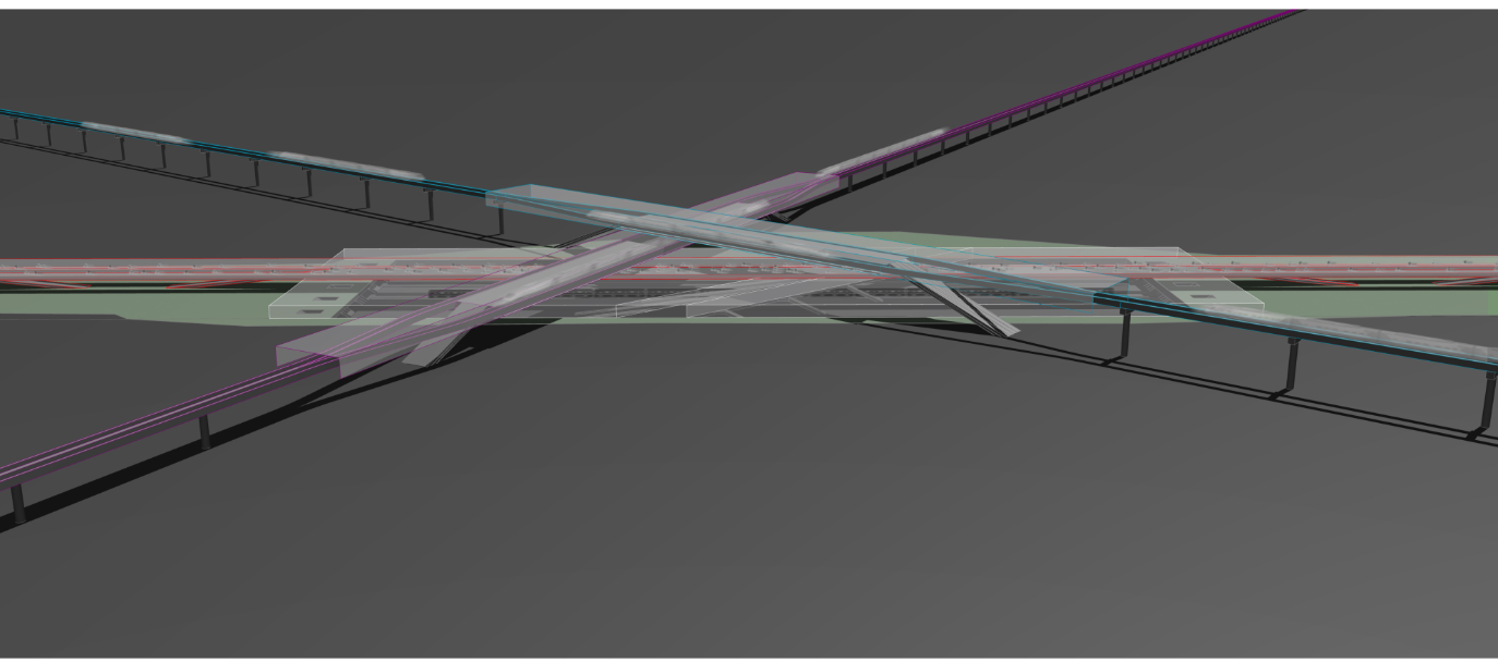 Aerial visualization depicting the integration of multiple transit corridors forming a unified, continuous mobility structure.