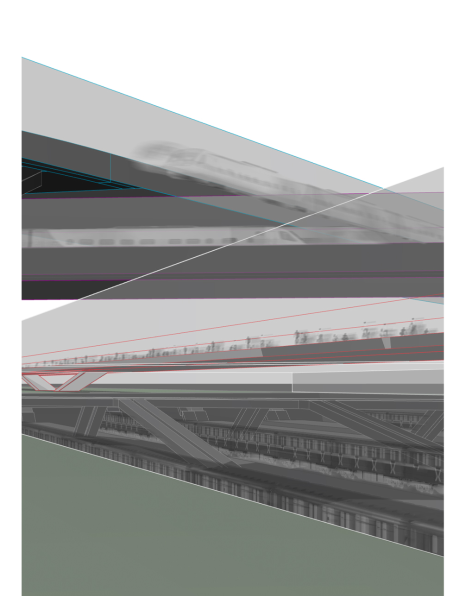 Sectional composition illustrating the coexistence of underground trains, elevated cyclists, and pedestrian movement.
