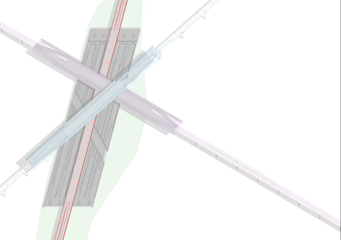 Plan-level representation showing the city-scale network of intersecting continuous lines and linear green corridors.