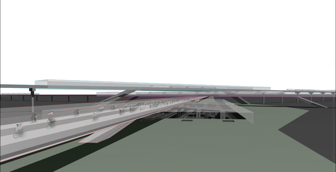 Perspective highlighting the protected, elevated expressway designed for ecological and uninterrupted cycling mobility.