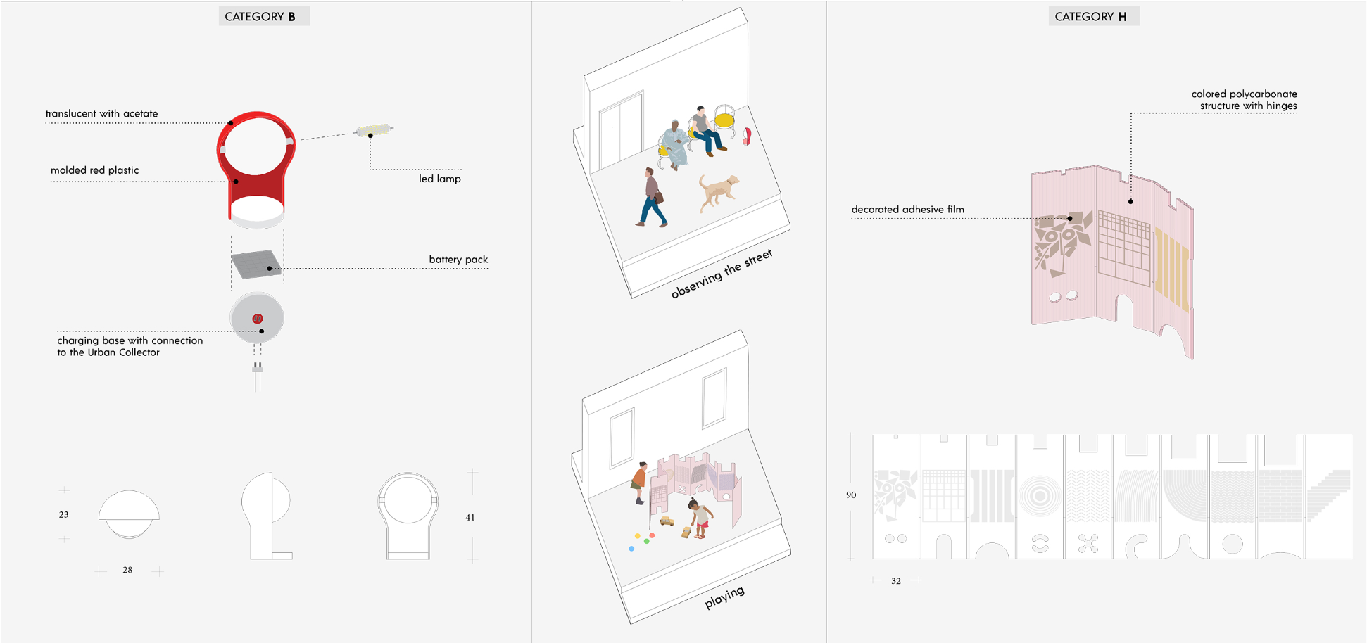 Exploded axonometric diagrams reveal the material logic behind each element — sustainable, lightweight, and context-aware.