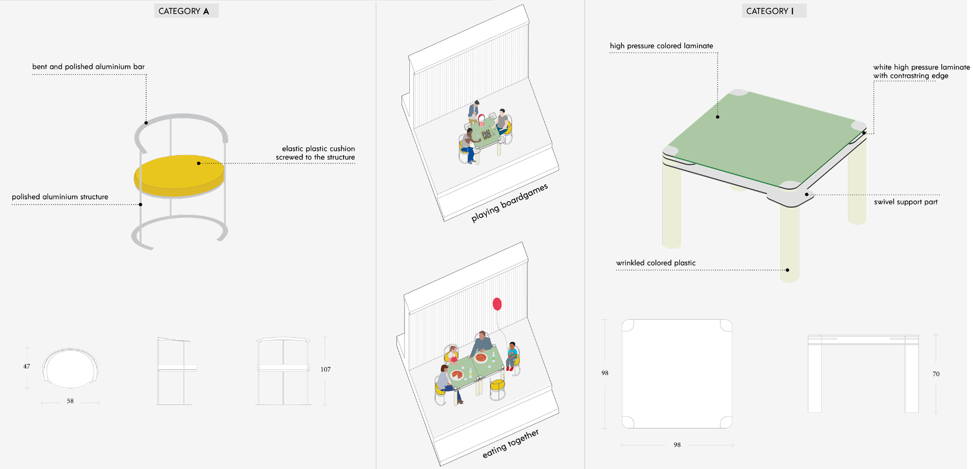 Detailed diagrams of Catilina and Tavolo Poker showcase how domestic design language adapts to outdoor communal settings.