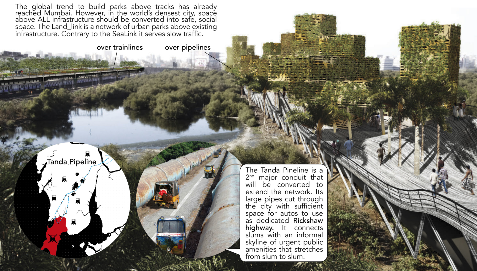 Transforming infrastructure into elevated parks and pathways — a new slow mobility network linking slums to the city’s green urban spine.