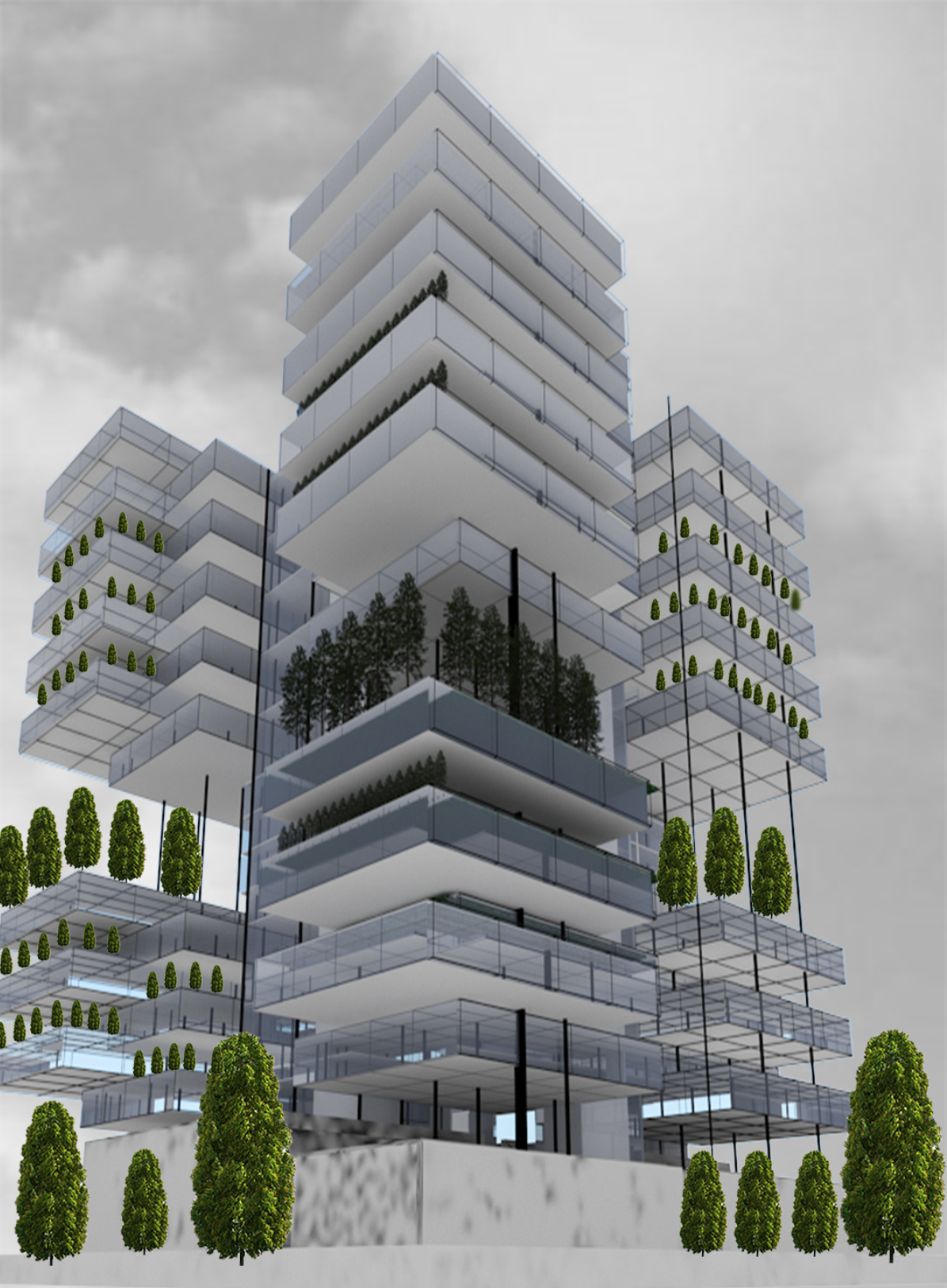 Rendered exterior view of stacked volumes with deep balconies and integrated planters against an overcast sky