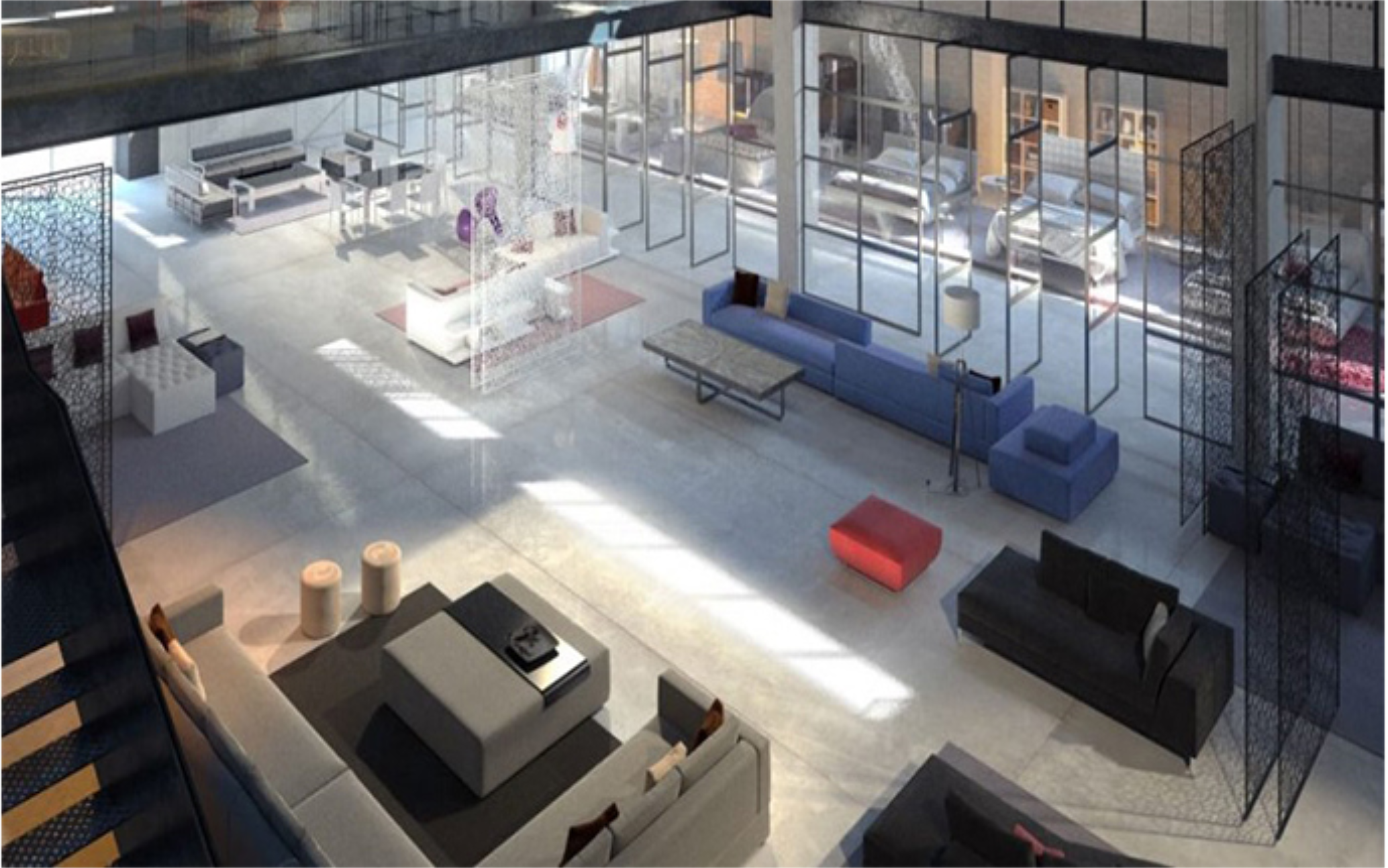 Elevated view of a double-height open lounge space with glass partitions and natural light from clerestory windows