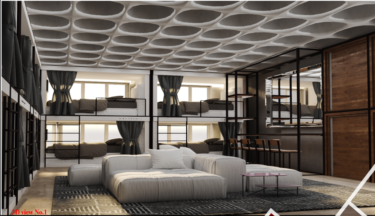 Interior rendering of a common area with undulating ceiling panels and steel-framed bunk sleeping alcoves beyond