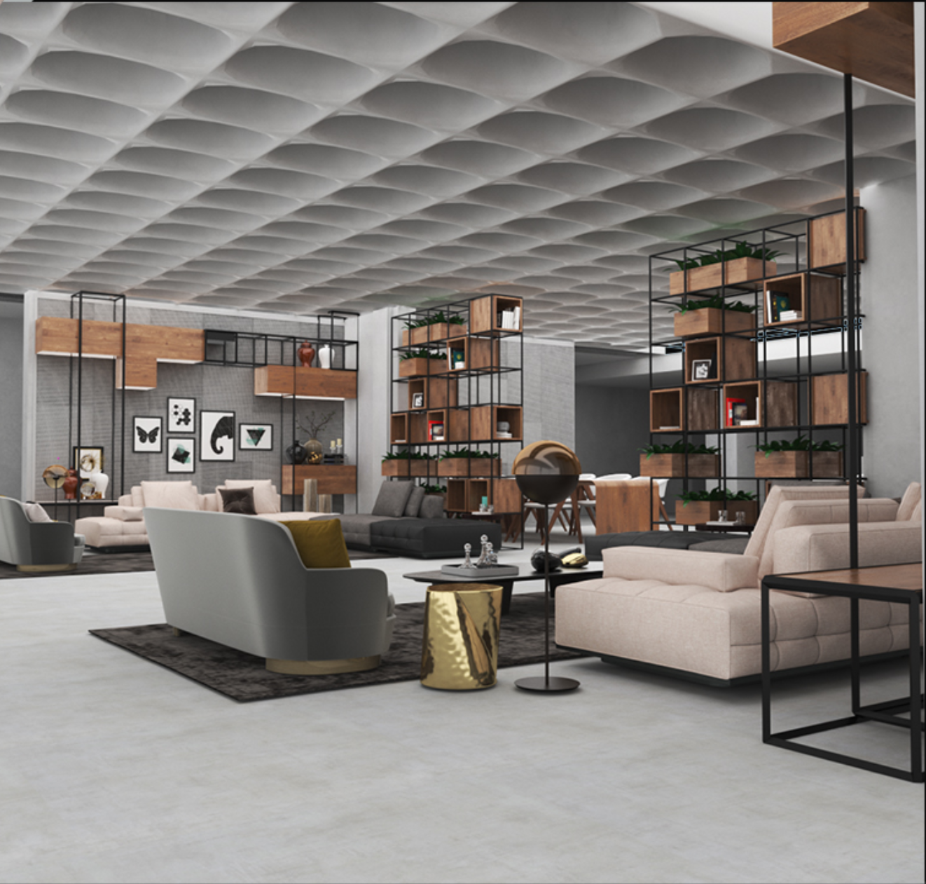 Open lounge with freestanding timber and metal shelving units beneath a sculpted acoustic ceiling