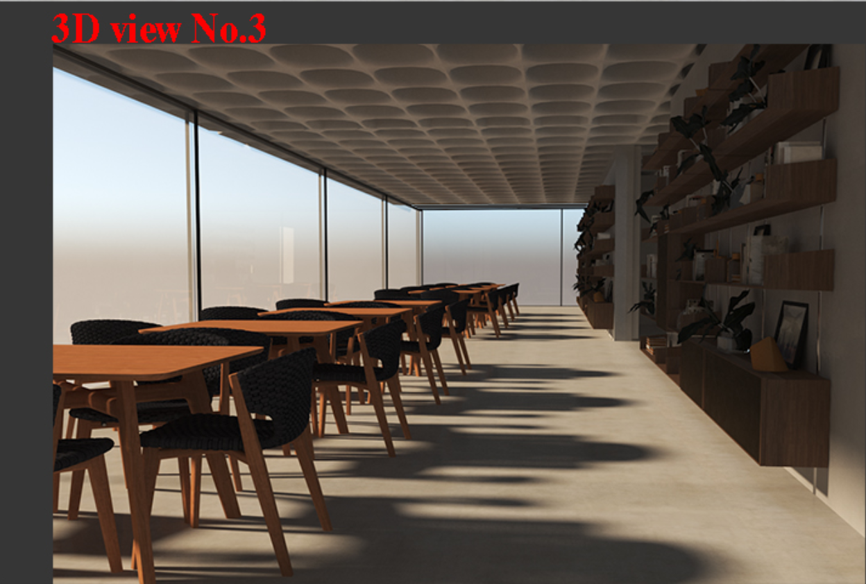 Rendered dining room with timber tables in a row and continuous glazing at dusk