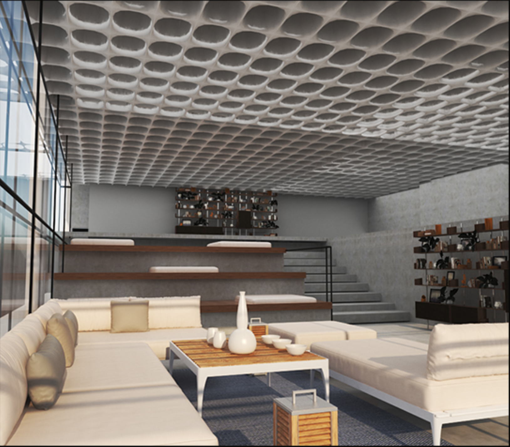 Double-height interior with tiered seating platforms and modular ceiling coffers above polished floors