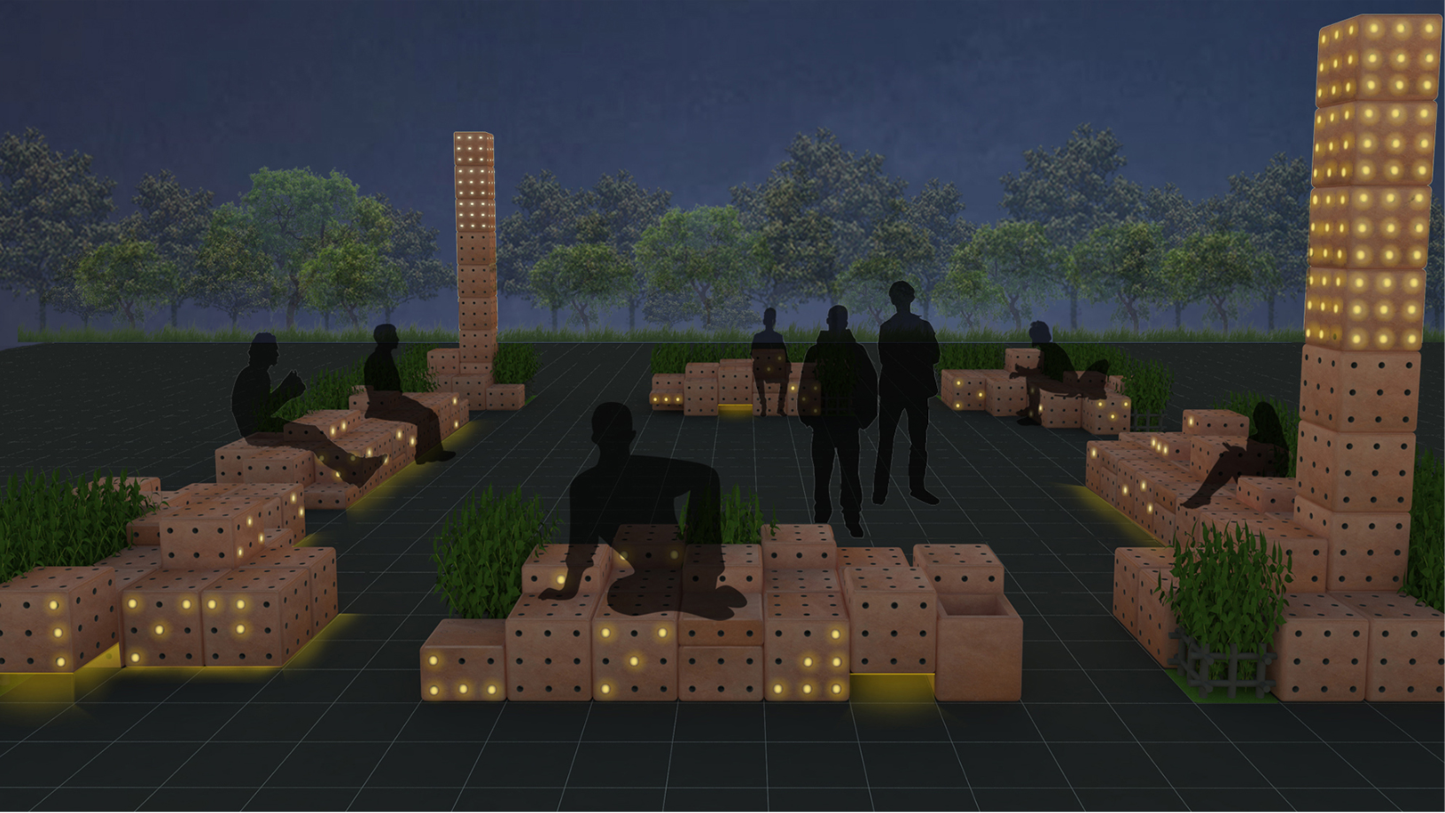 Illuminated public modules activating the nightscape — integrating light, function, and form.