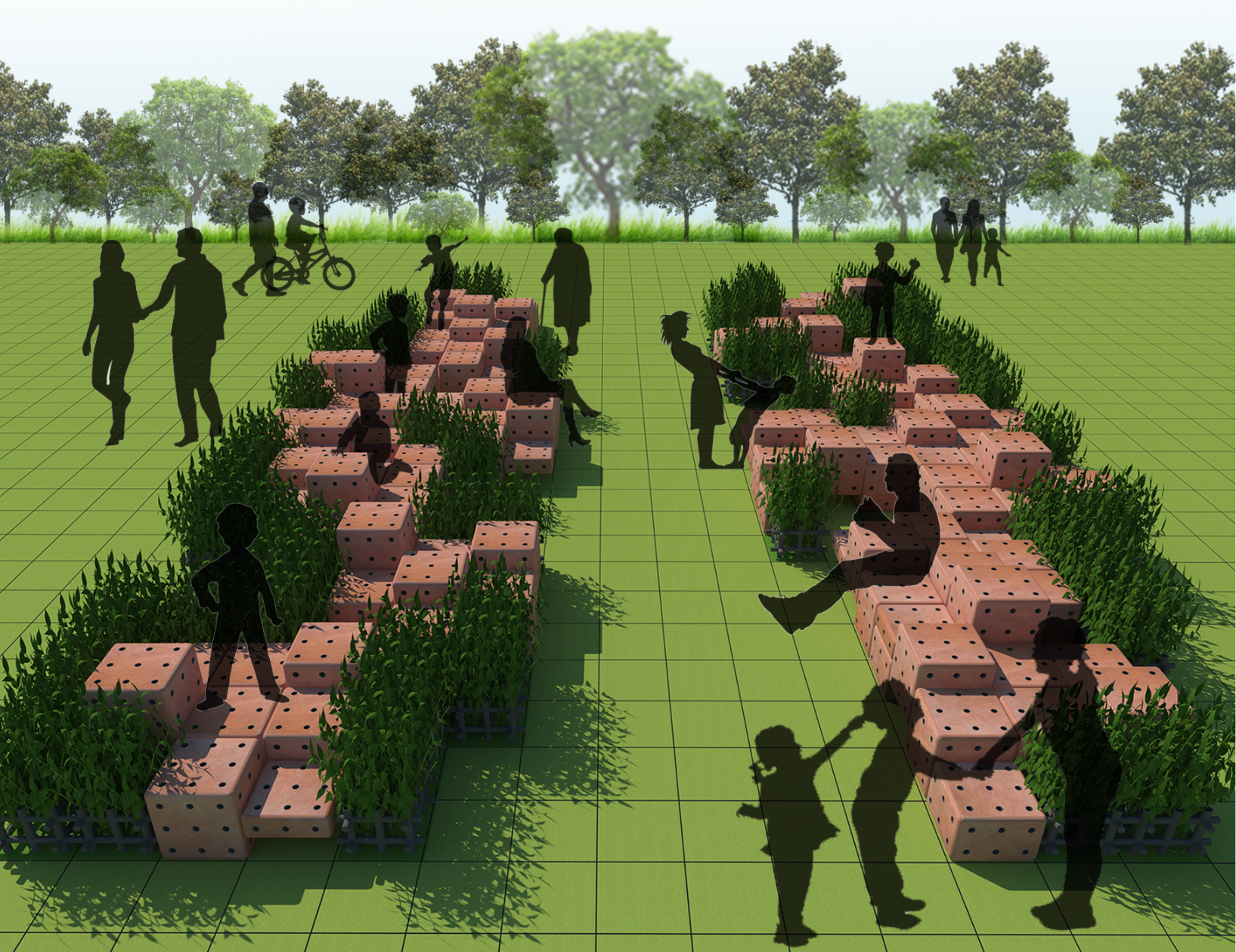 Interactive green corridors for all age groups — modular urbanism fostering ecology and community.