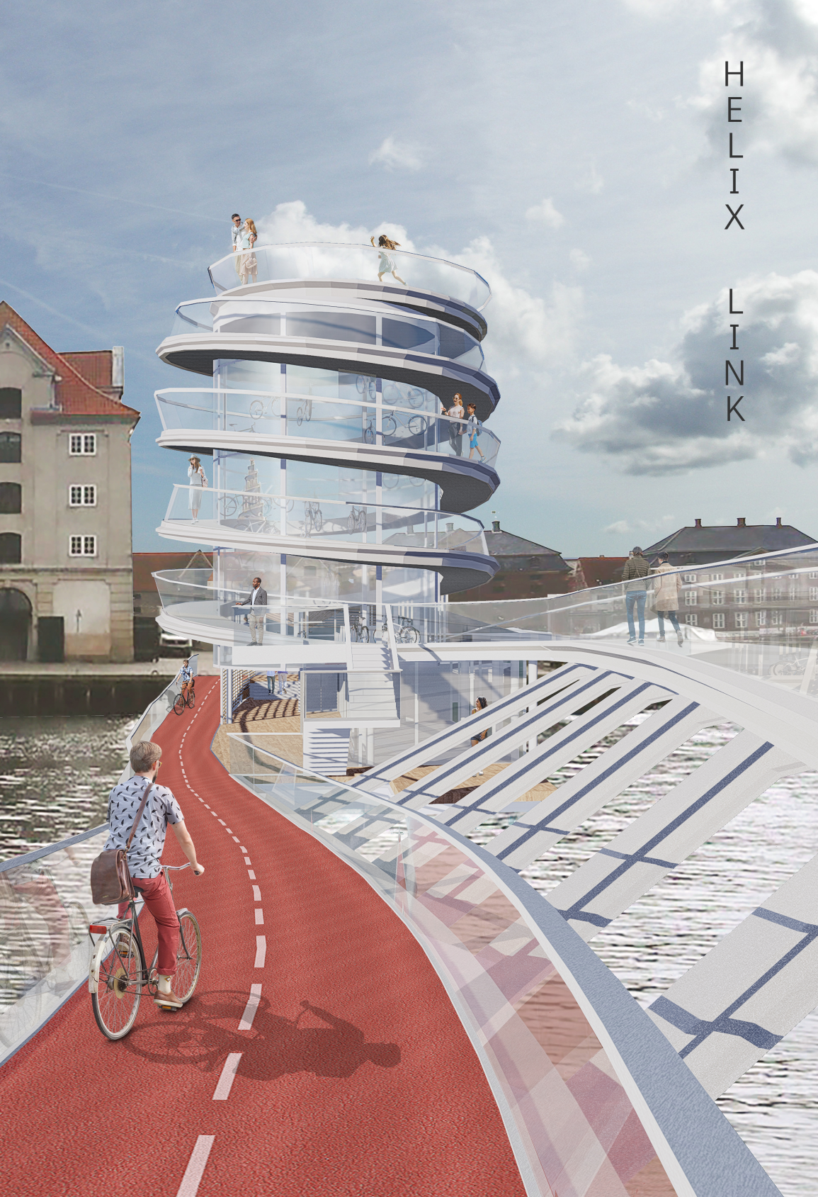 Spiraling bicycle tower connects Copenhagen’s canal fronts through an elevated cycling and pedestrian route.