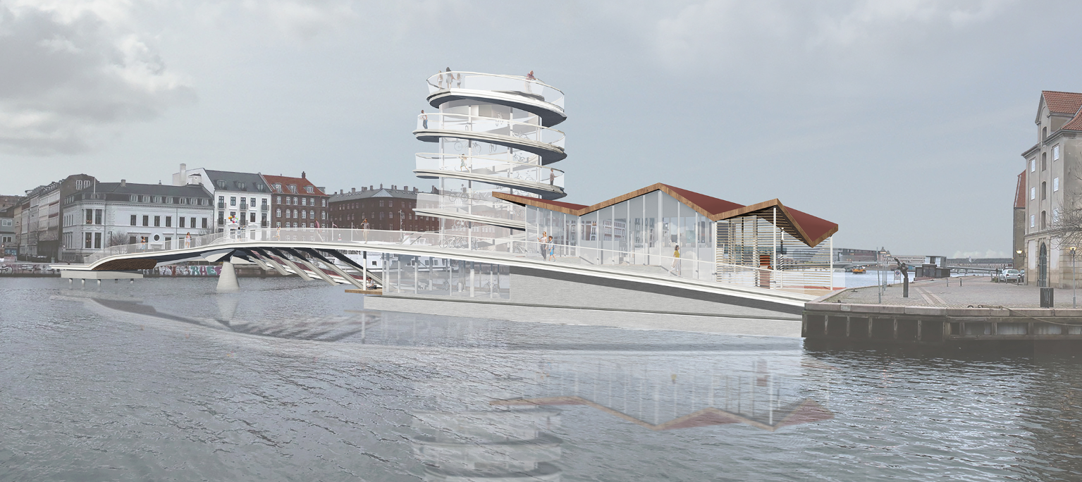 The architectural composition integrates the spiral tower, public deck, and canal-side café into one continuous form.