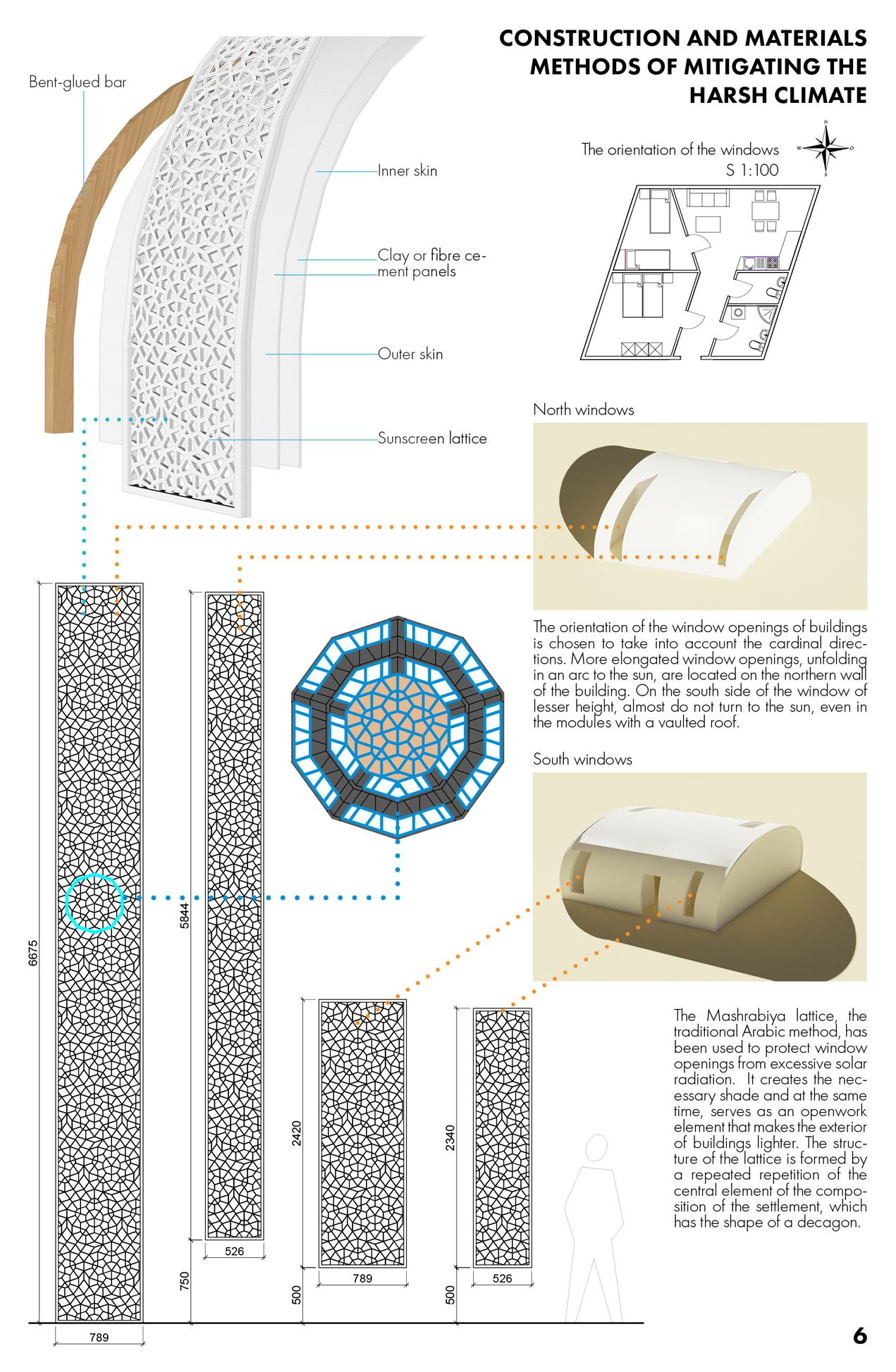 Mashrabiya lattice and layered envelope designed for solar control.