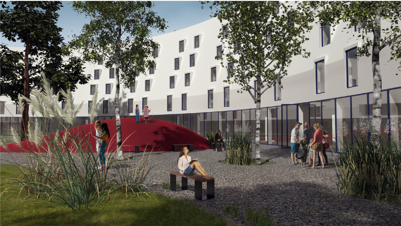 A vibrant inner courtyard where residents gather, relax, and enjoy the sculpted landscape at the heart of the circular housing.