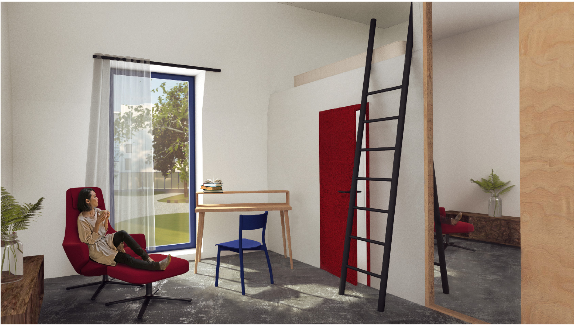 A compact, light-filled private room designed with efficiency and comfort, featuring a mezzanine sleeping space.