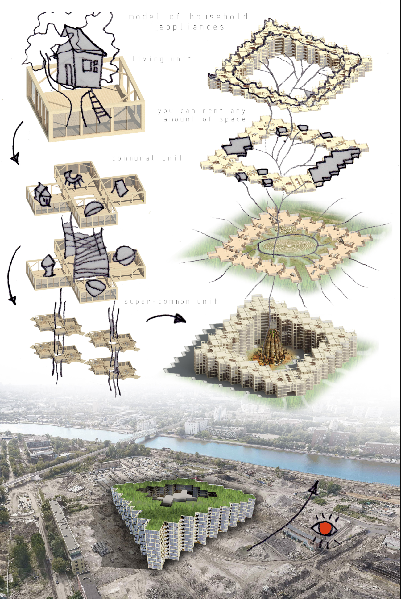A layered modular system showing how living, communal, and super-common units evolve into a self-organizing architectural community.