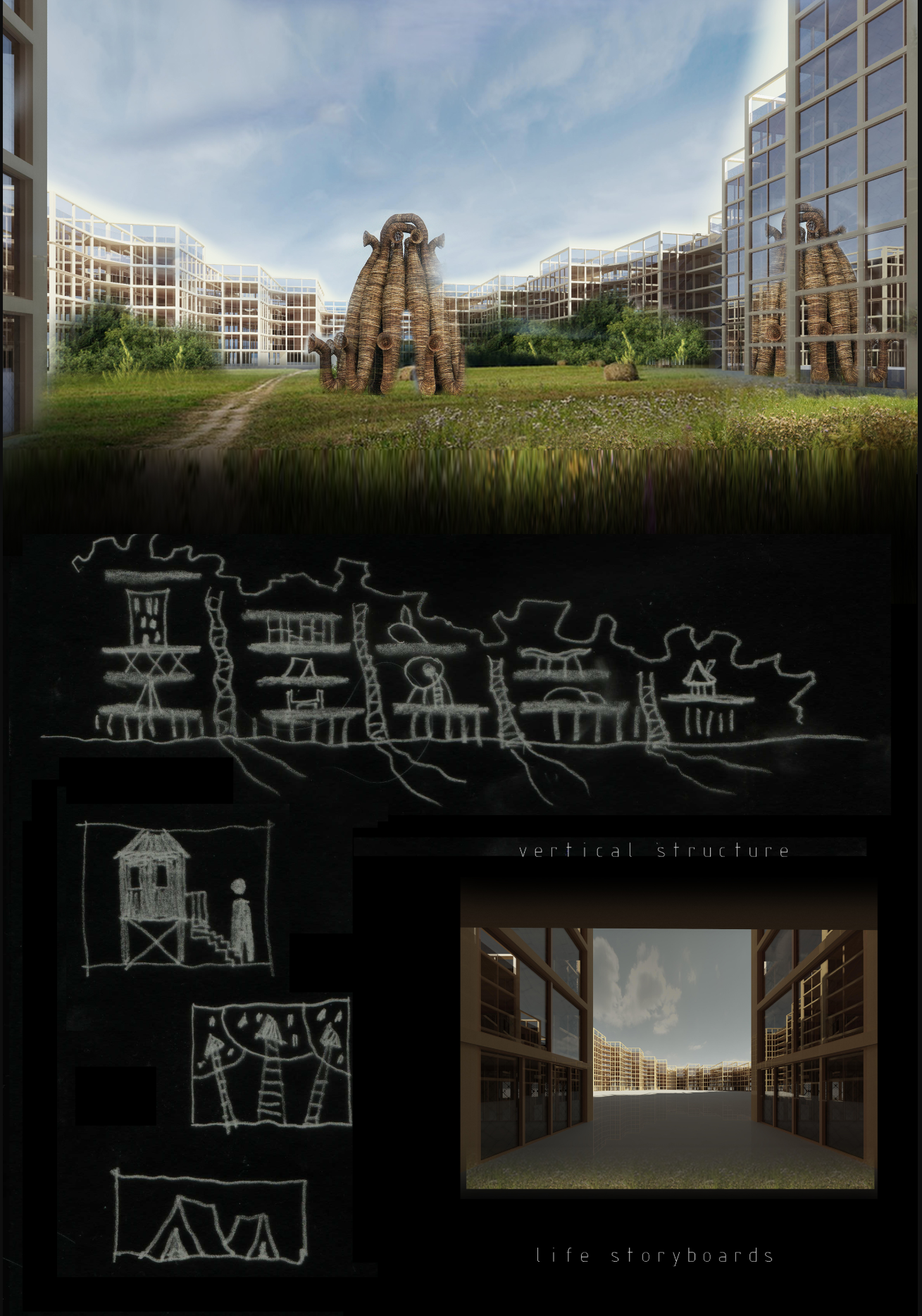 A green central courtyard framed by modular housing, blending nature, sculpture, and vertical community life.