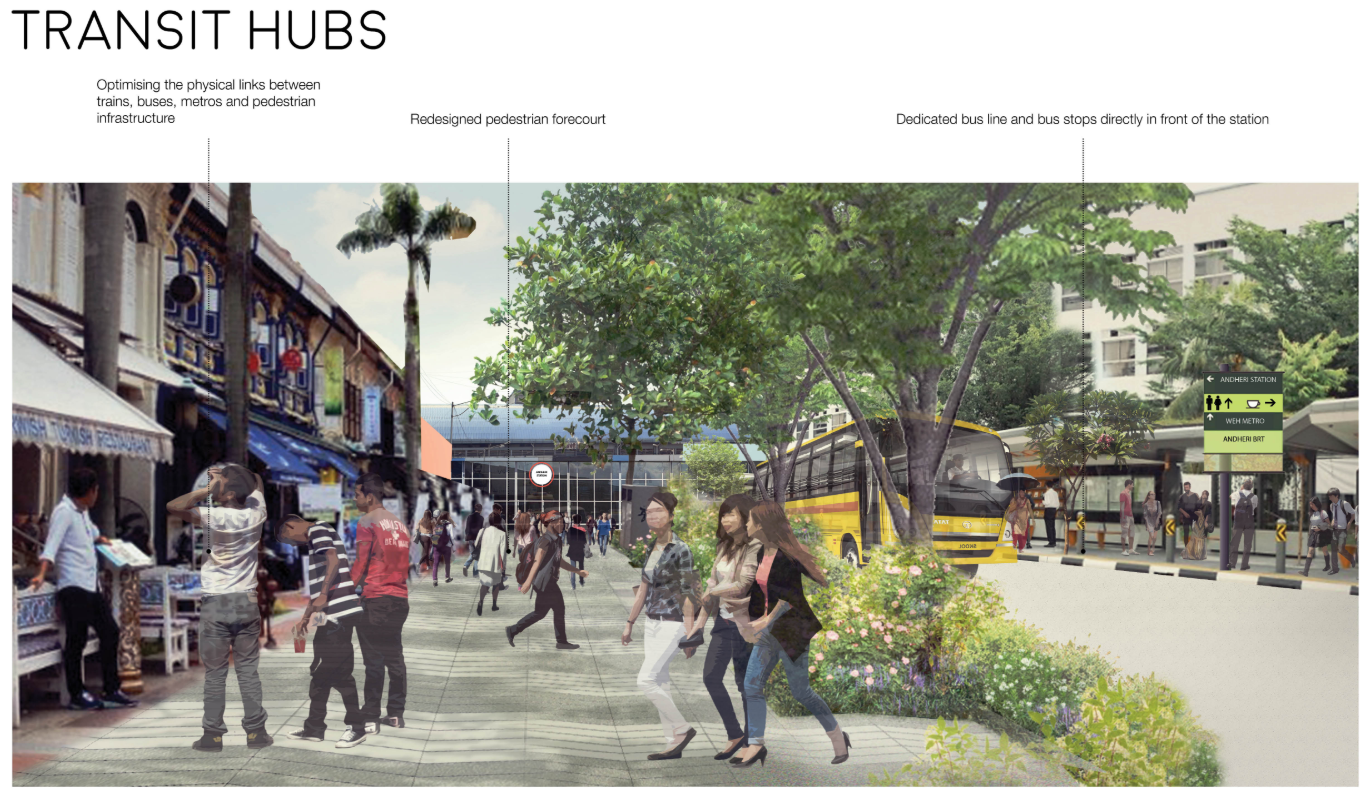 Redesigned multi-modal transit hubs connect metros, buses, and pedestrian networks to create vibrant, accessible public interfaces.
