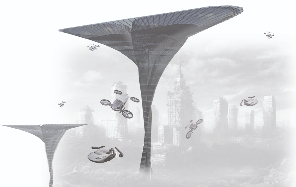 A soaring mega-structure acting as a mobility hub for future flying vehicles, merging sustainable architecture with next-generation urban transport.