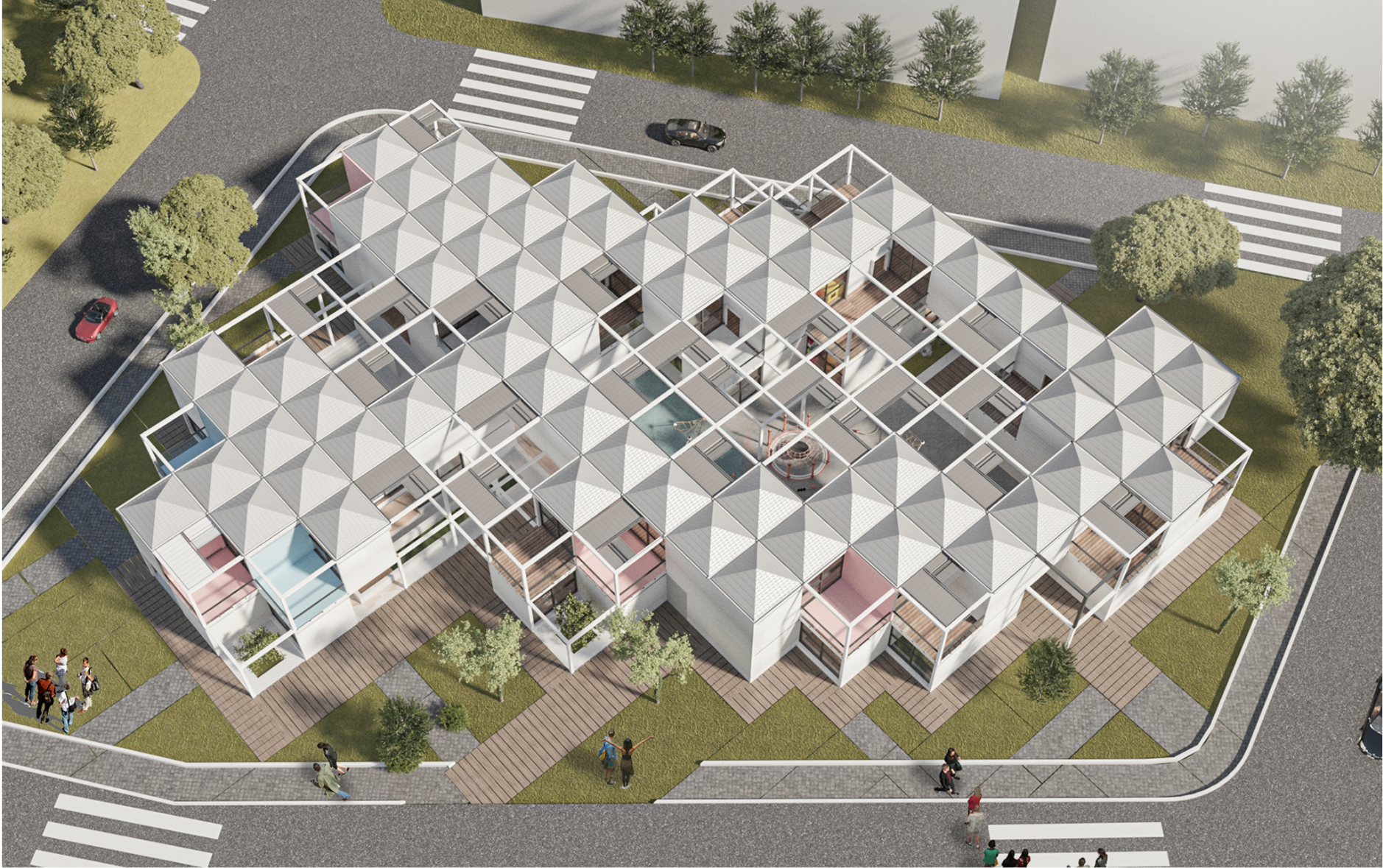 Modular roof grid system enhances cross-ventilation and daylight, forming a breathable climatic envelope.