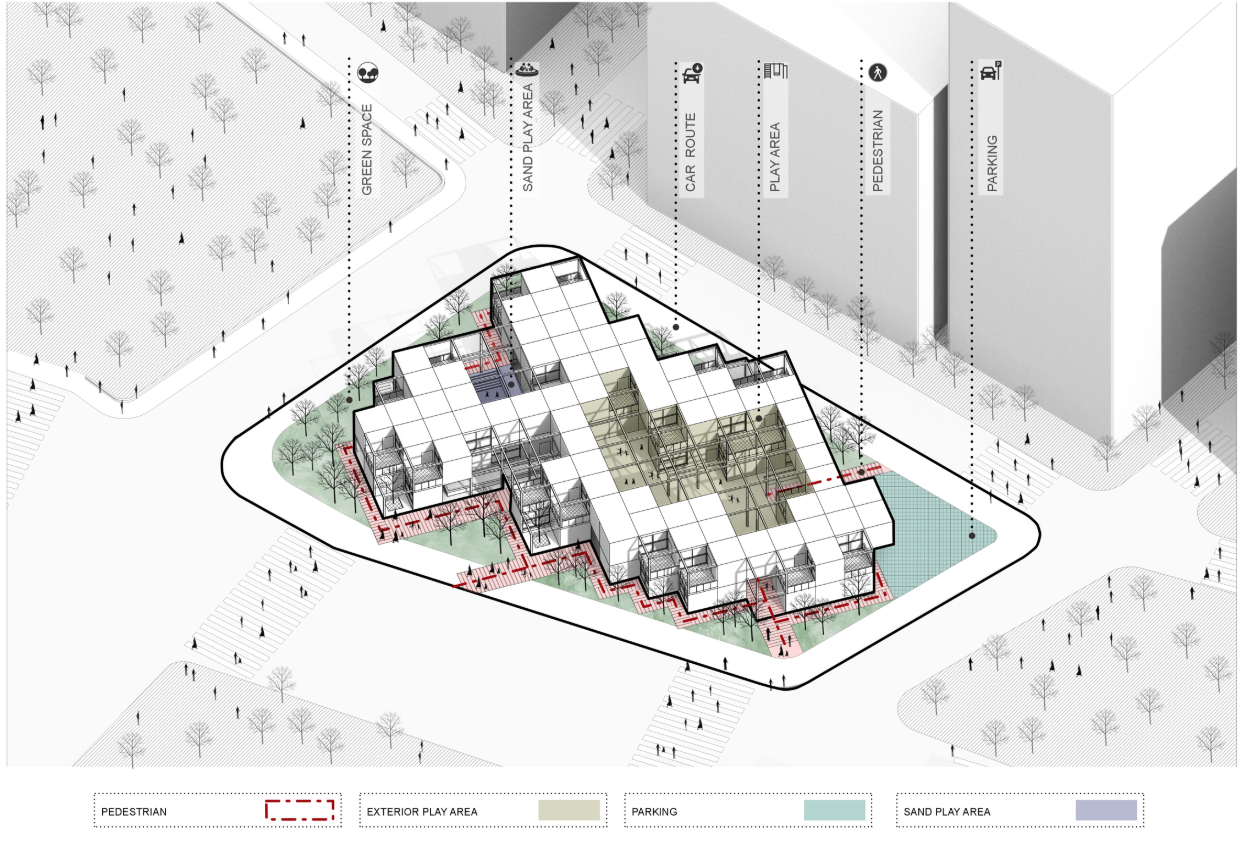 Urban layout showing airflow corridors, courtyards, and play zones integrated with green and pedestrian pathways.
