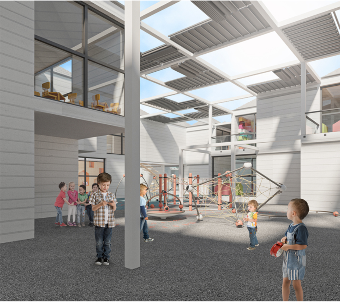 Shaded semi-open space where children interact under a dynamic light-and-shadow roof that regulates temperature naturally.