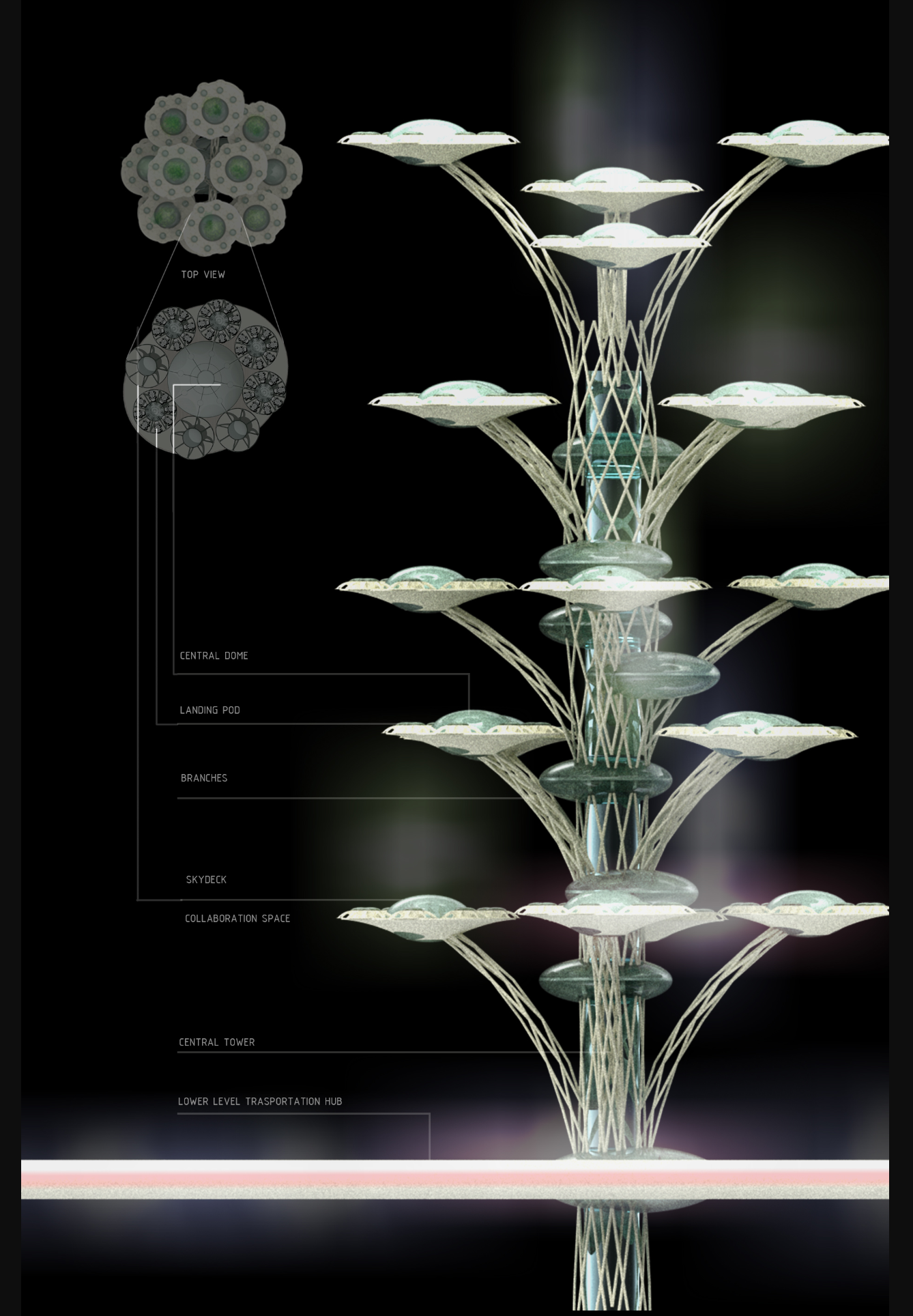 A sectional architectural diagram revealing the layered organization of sky-decks, branches, domes, and circulation within the hybrid skyscraper.