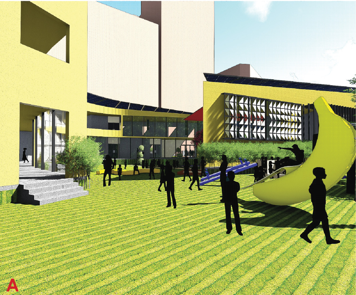 Playfield with swings and slides designed for ages 5–7, offering shaded zones and open green play areas.