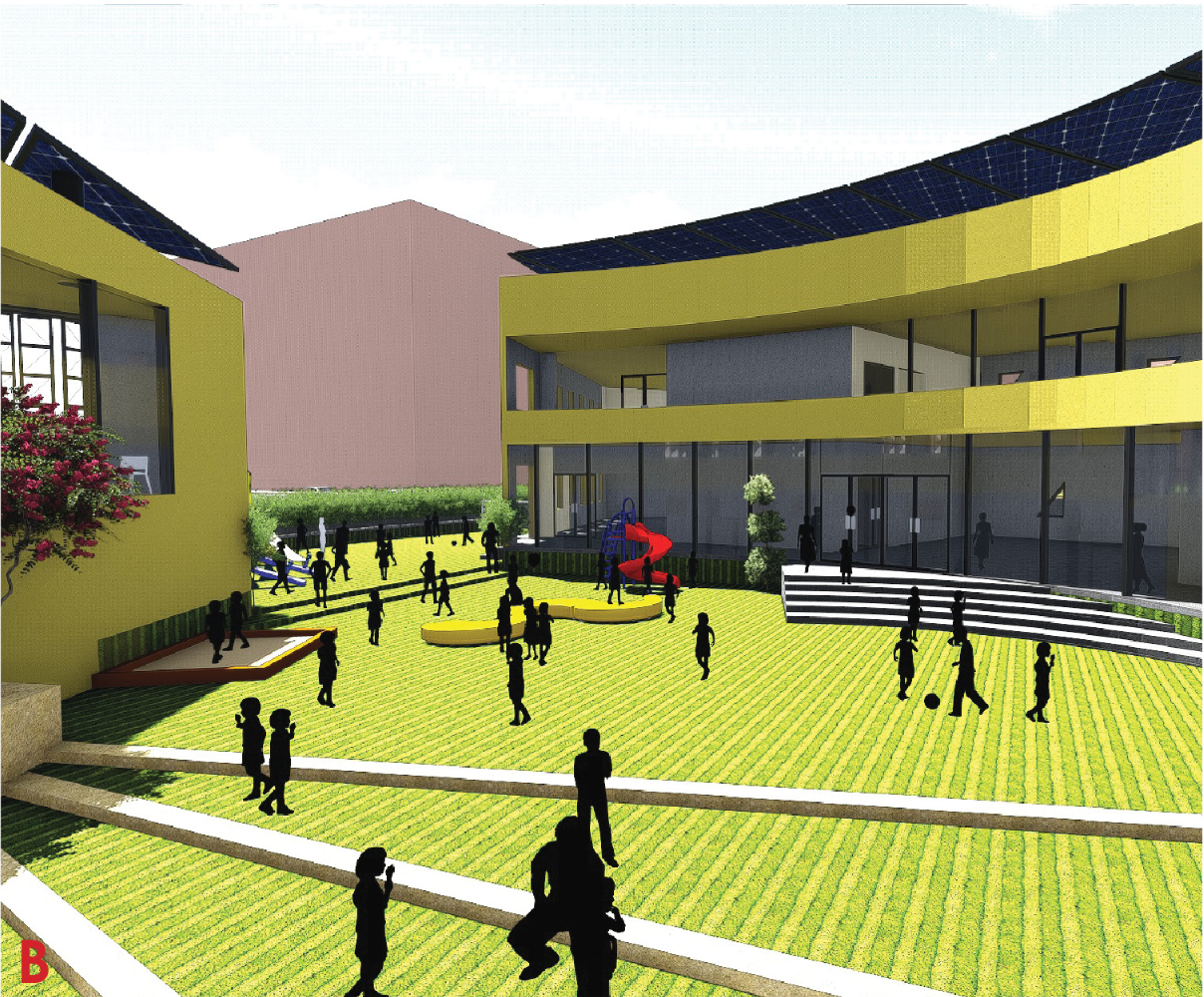 Mid-level playfield for ages 3–4, integrating ramps and stepped seating to promote interaction and visibility.