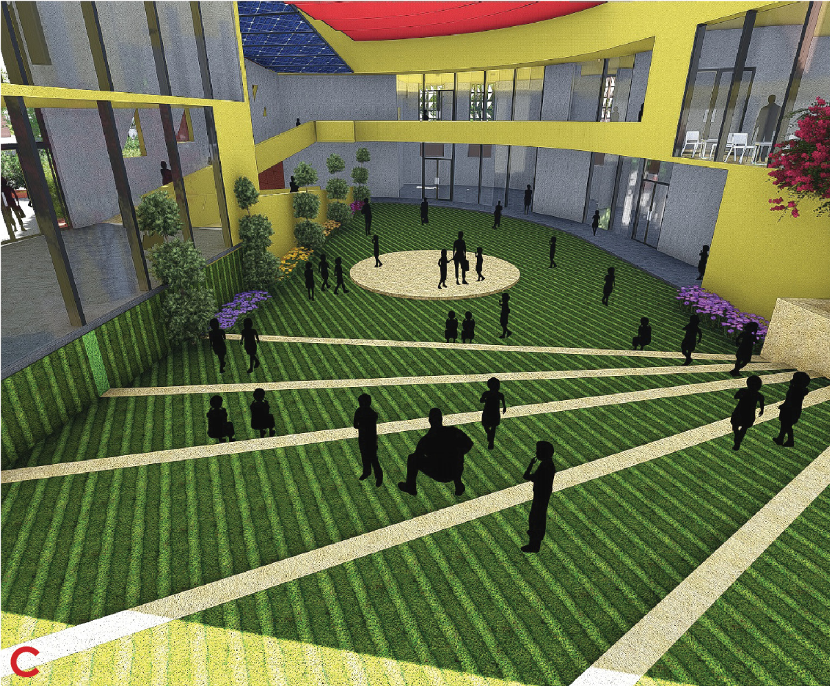 Central performance court and gathering space for ages 1.5–3, blending play and learning in a protected environment.