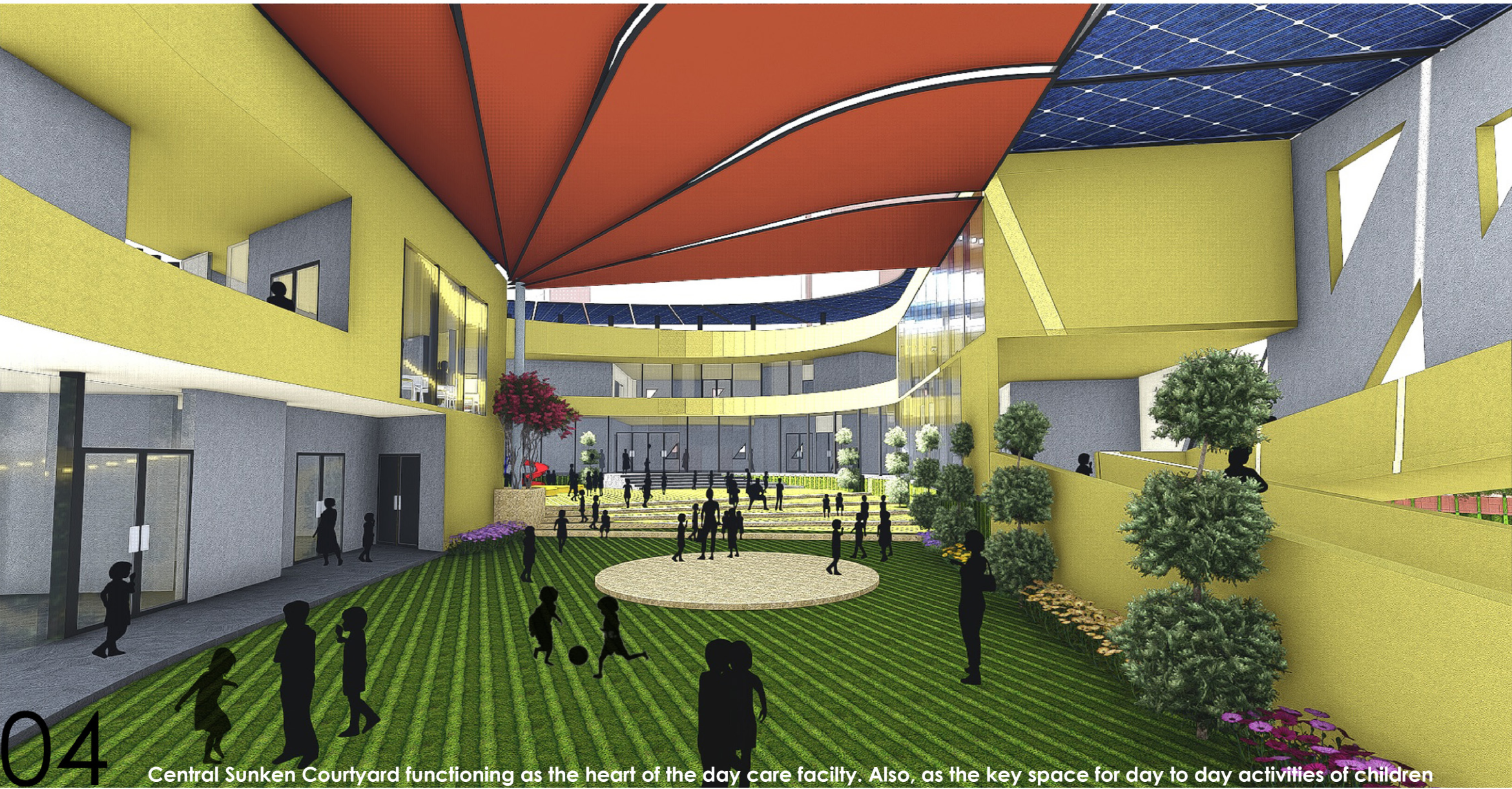 The sunken courtyard acts as the heart of the daycare, featuring tensile shading and lush greenery that foster comfort and play.