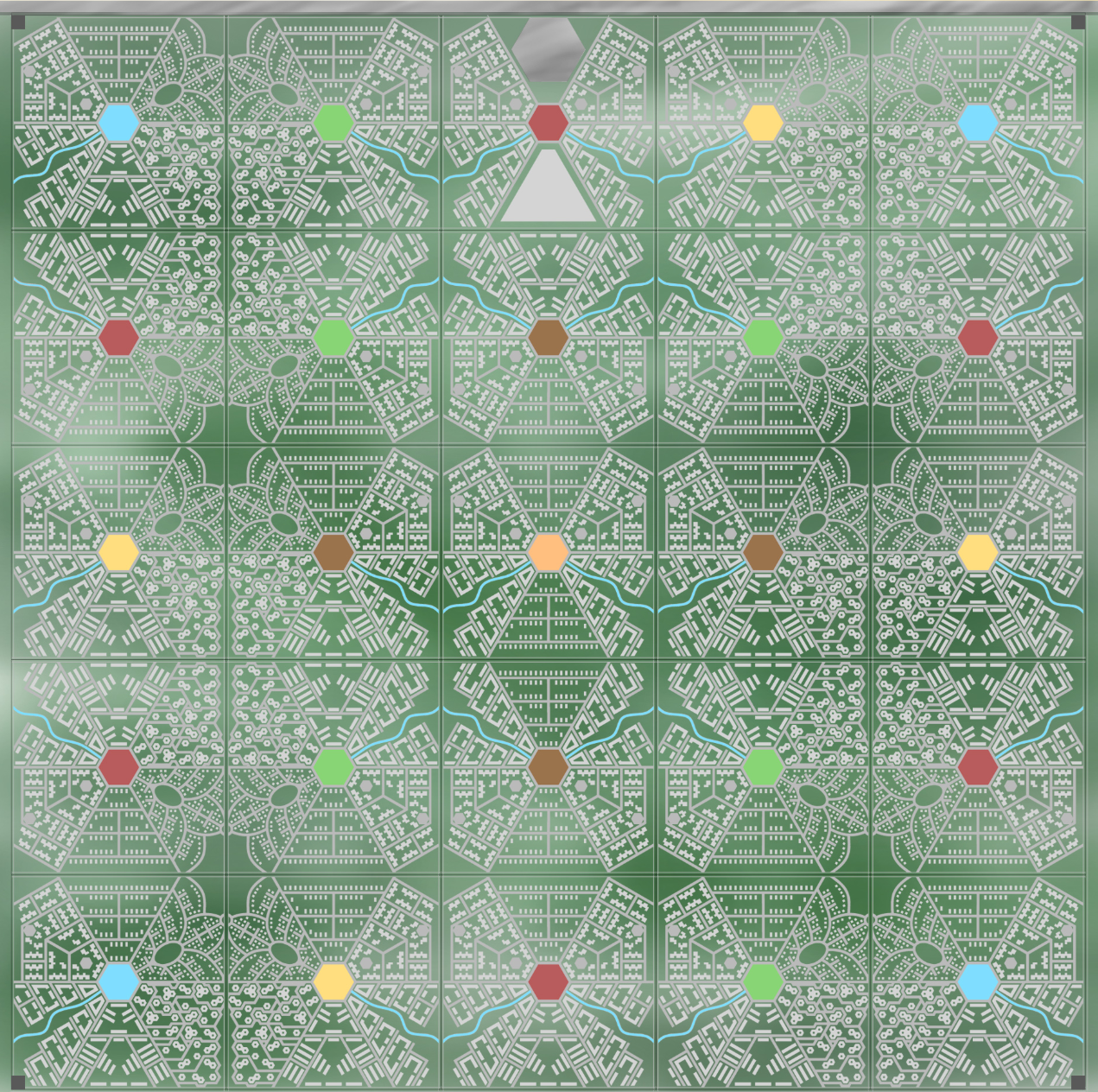 A modular urban grid forming a self-sufficient desert habitat within the Cube Zero megastructure.