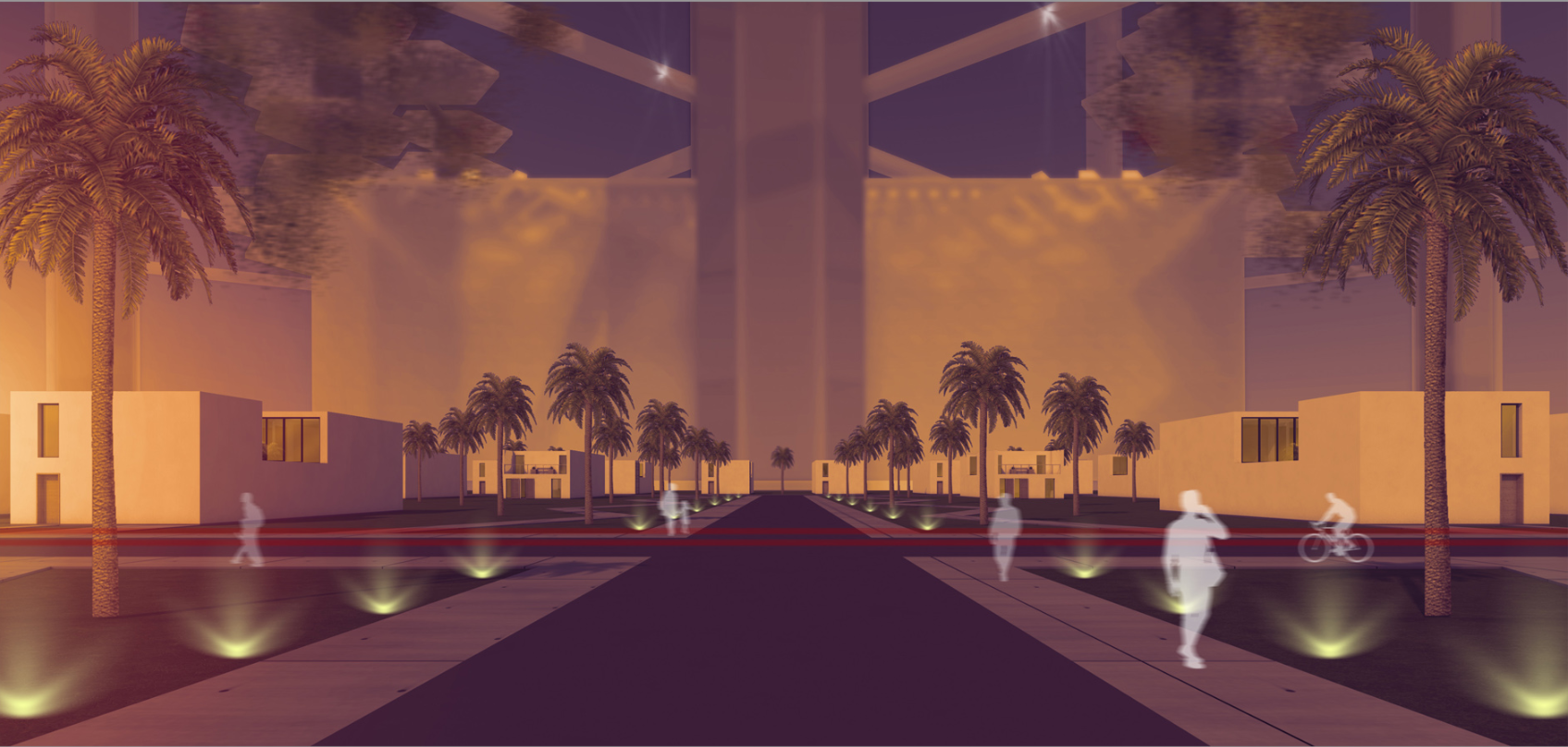 A dramatic evening perspective showcasing controlled climate, shaded pathways, and low-rise desert housing.