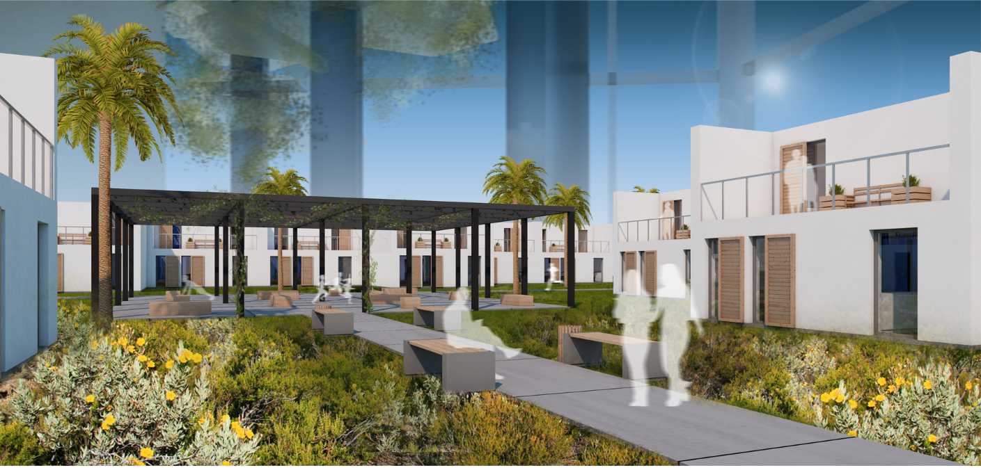 A community courtyard with shaded seating and desert landscaping at the heart of the residential district.