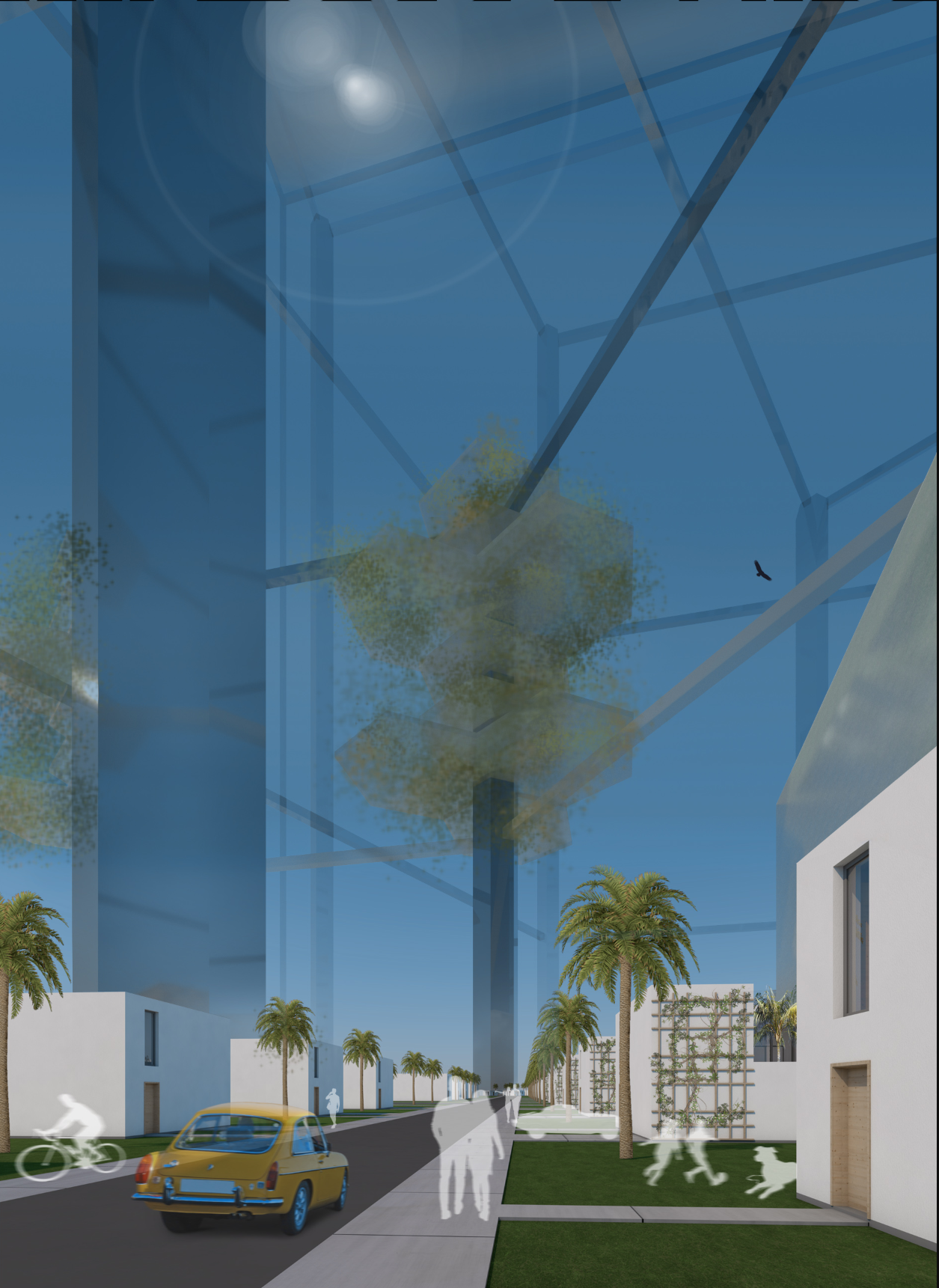 A vibrant urban street beneath the towering cube frame, blending nature, mobility, and futuristic environmental engineering.