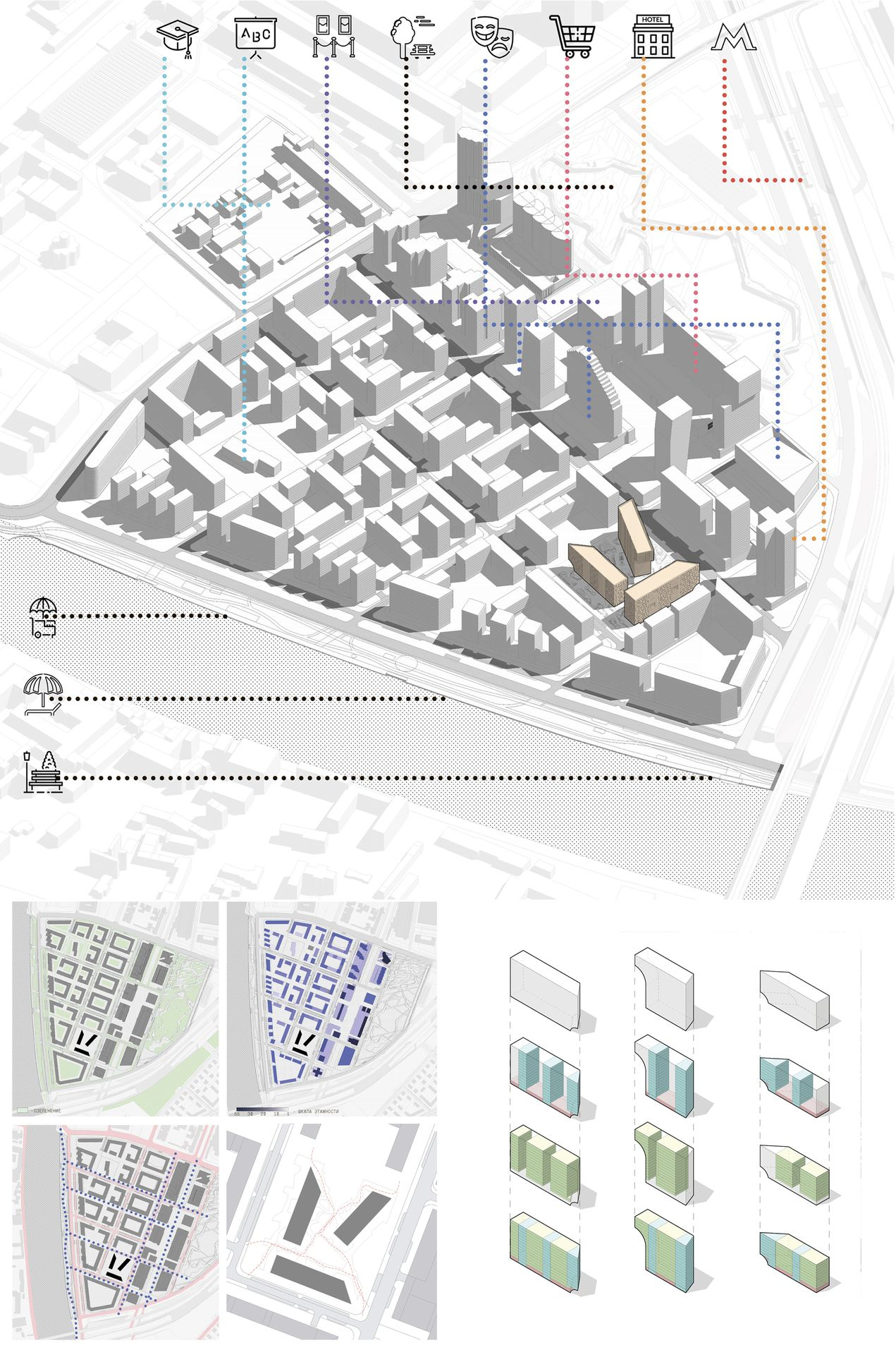 Urban connectivity diagram showing Hustle Hub integrated into a dense mixed-use district with links to key city functions.