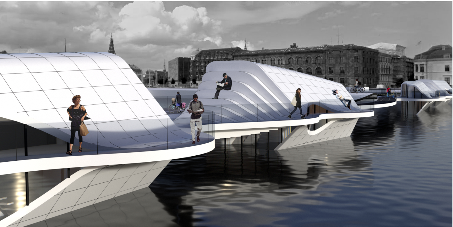 A flowing architectural landscape where pedestrians and cyclists move seamlessly across the bridge, merging structure with city life.