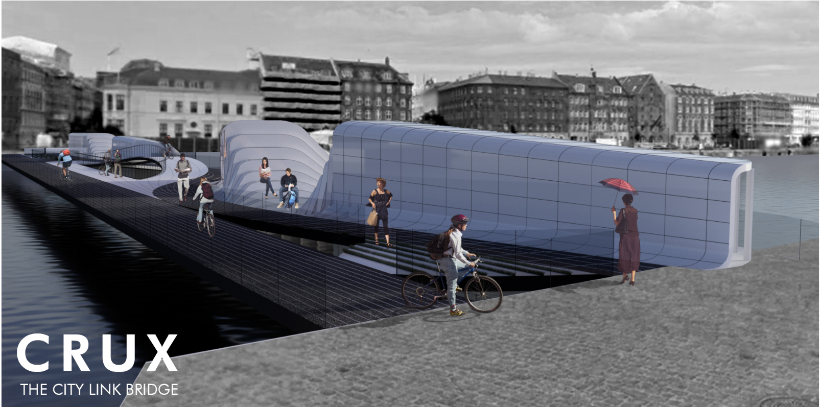 The bridge emerges from Copenhagen’s waterfront as a sculptural urban gateway connecting movement, light, and social activity.