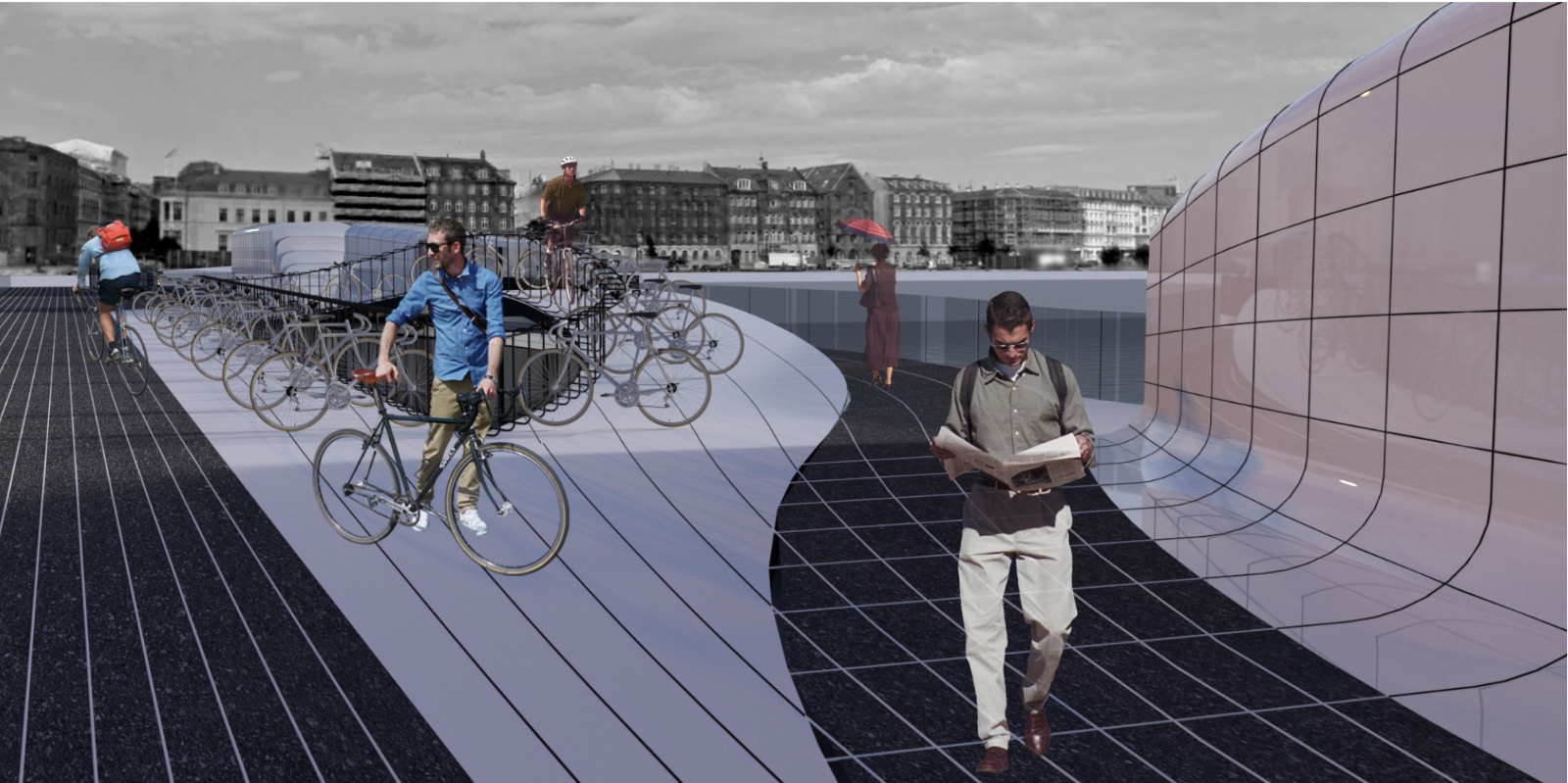 Intersecting pathways for cyclists and pedestrians highlight the bridge’s dynamic geometry and its human-centered design approach.