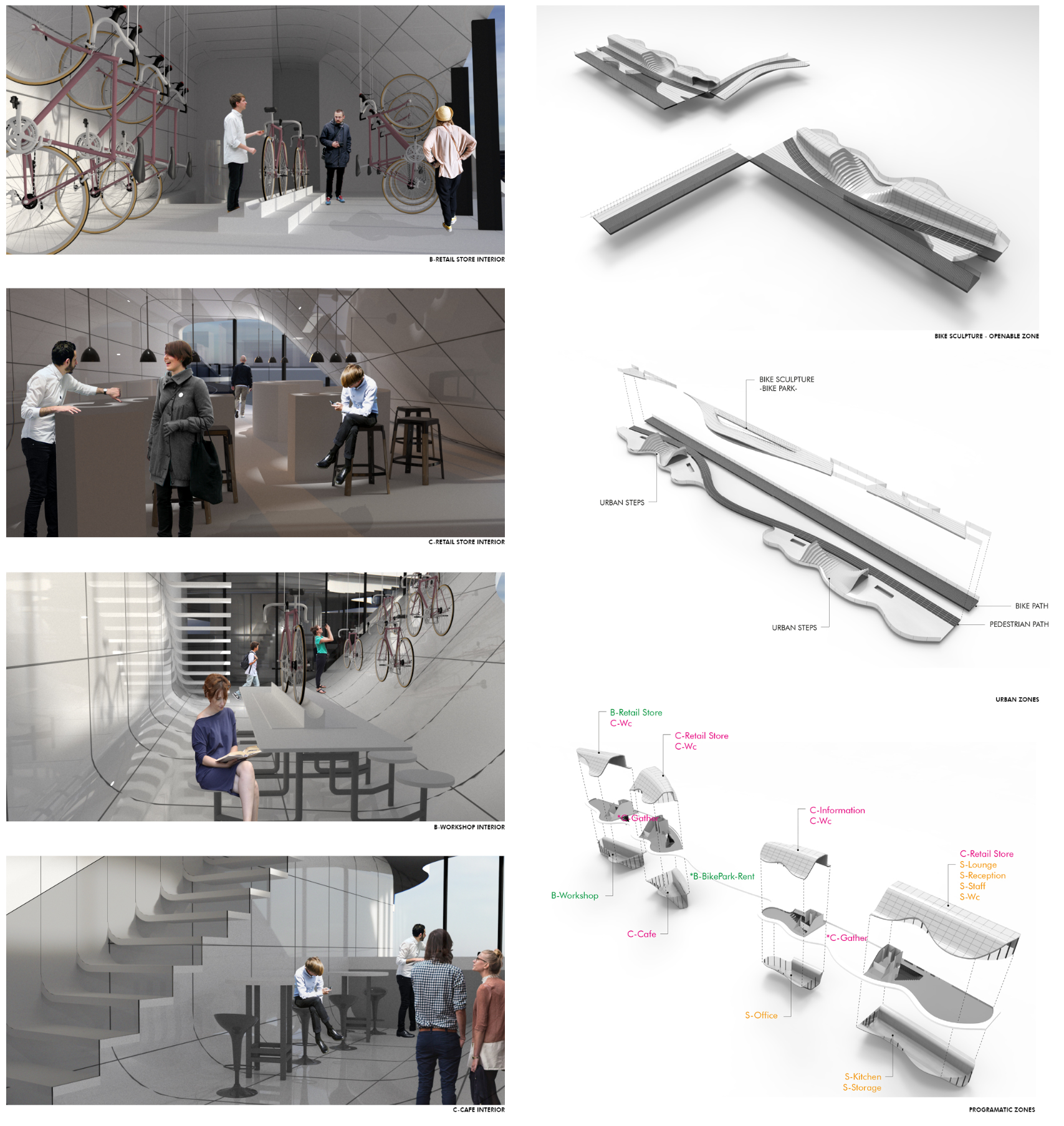 Layered interiors host bike rentals, cafés, and workshops—transforming the bridge into a vibrant, multifunctional public platform.