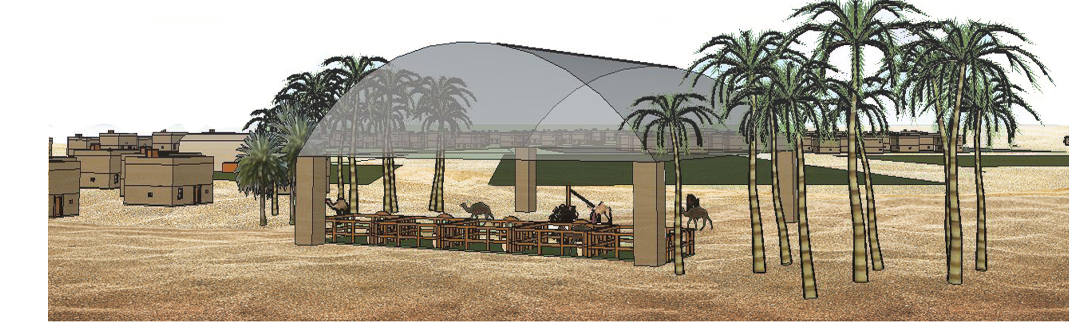 Shaded gathering pavilion with palm trees and camel resting areas at the settlement’s edge.
