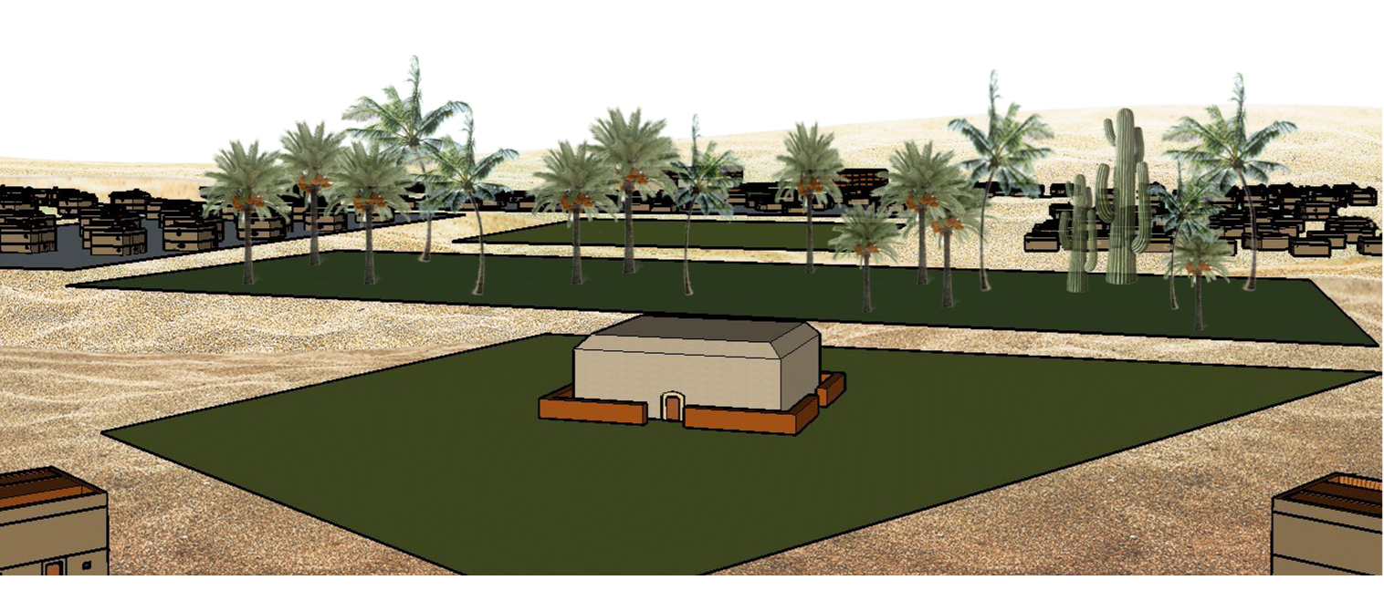 Central courtyard enclosed by palm trees, forming a calm community meeting zone.