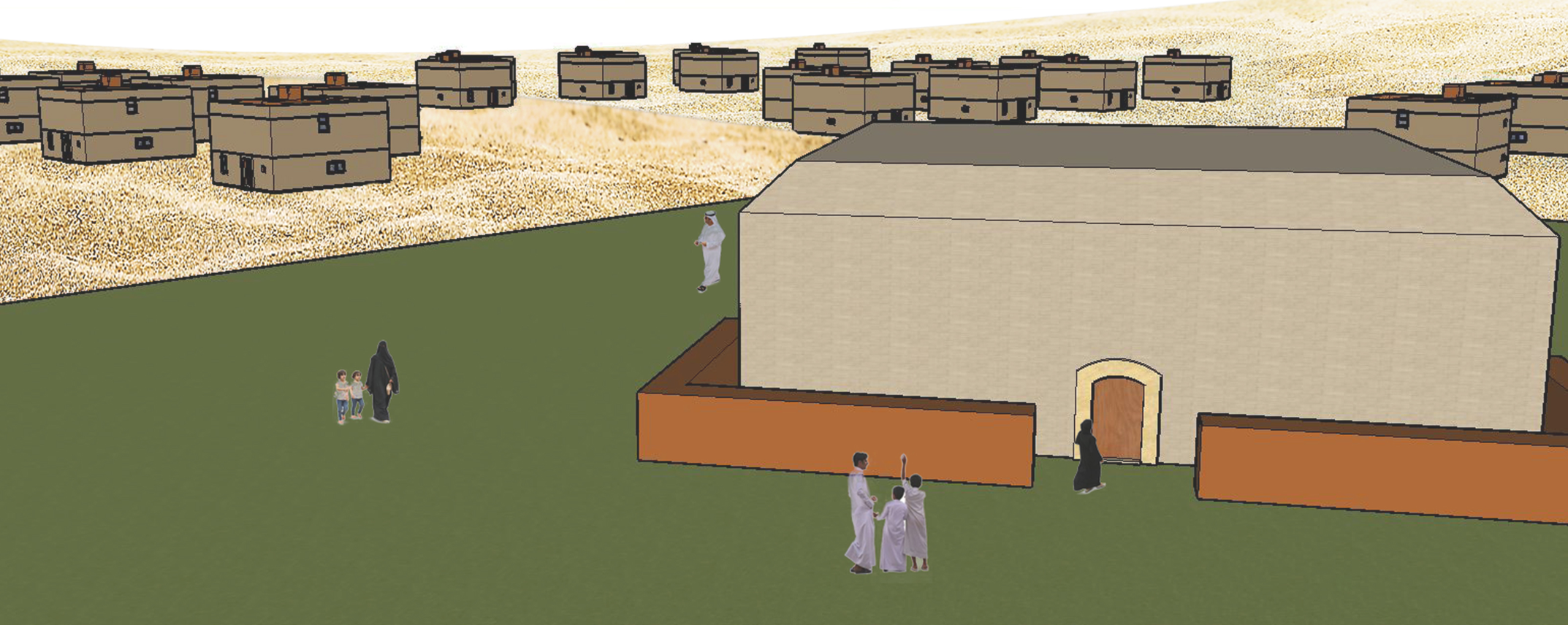 Large communal building placed within landscaped green fields, serving as a shared social hub.