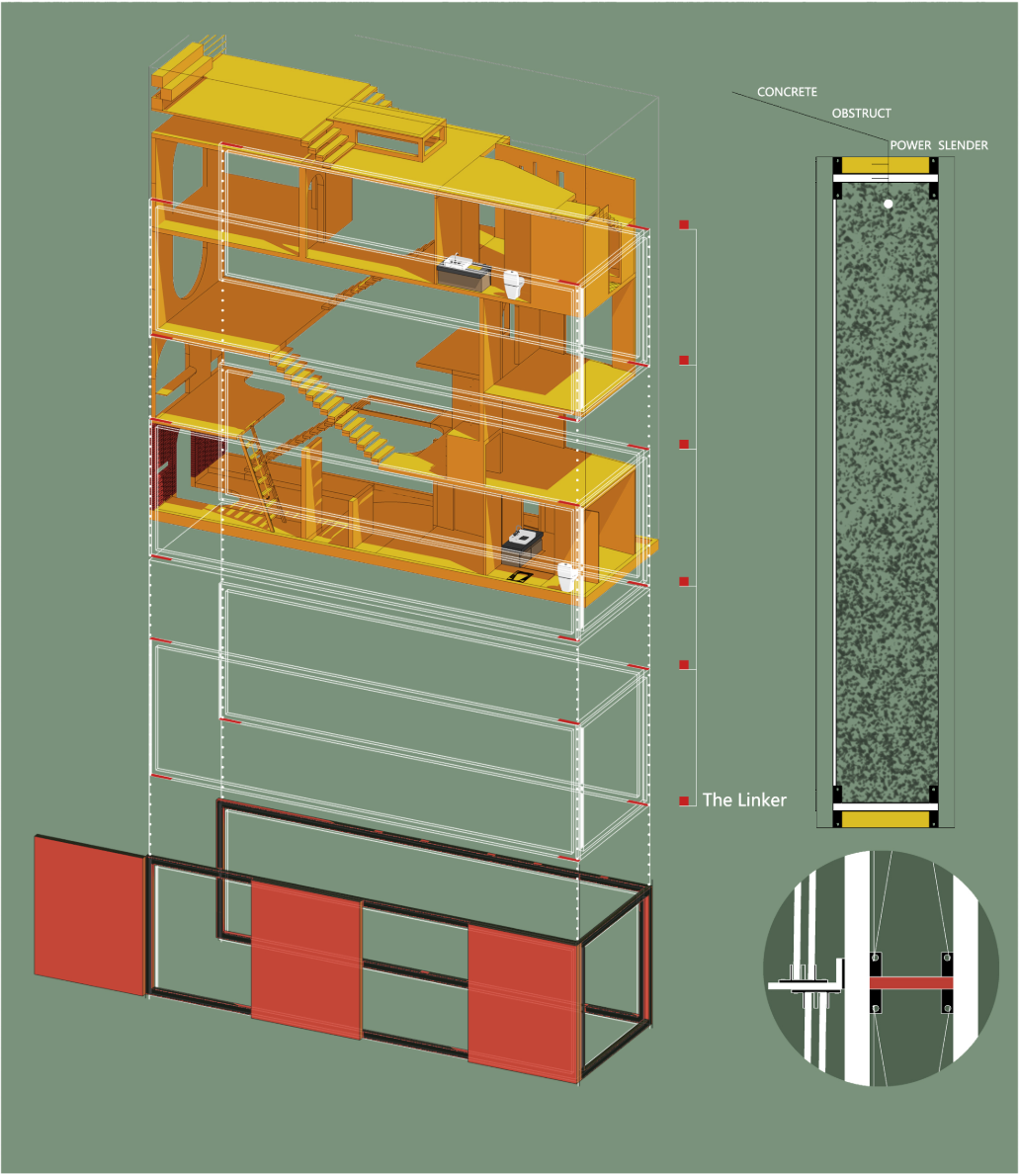 Axonometric construction diagram detailing timber framing system with concrete obstruct and power slender components