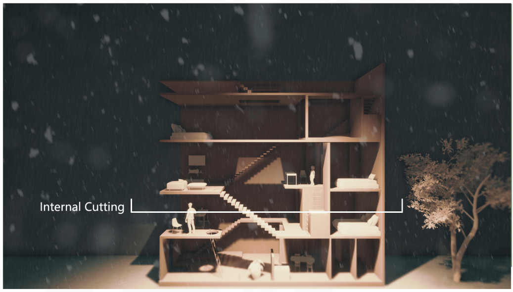 Physical section model photographed at night with falling snow showing interlocking stairs and floor levels