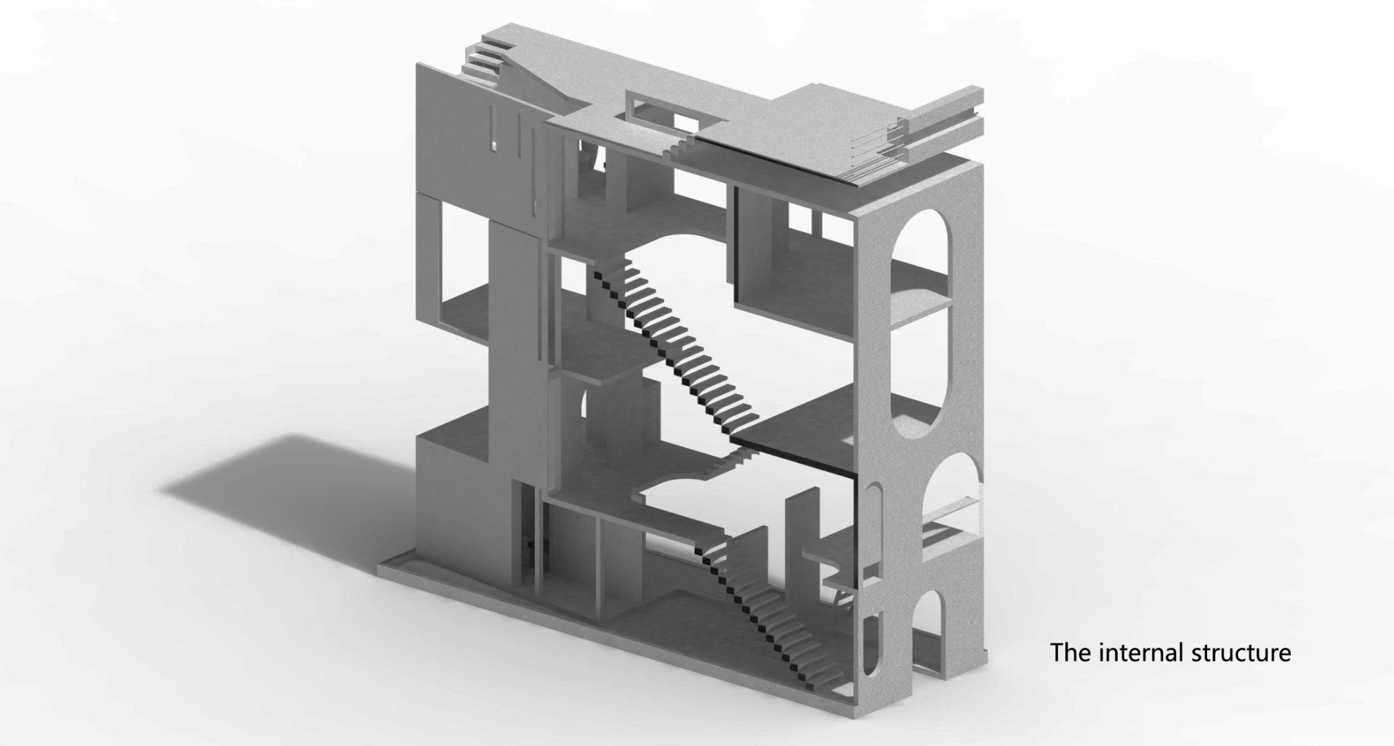 White architectural model displaying internal circulation through perforated walls and diagonal staircase