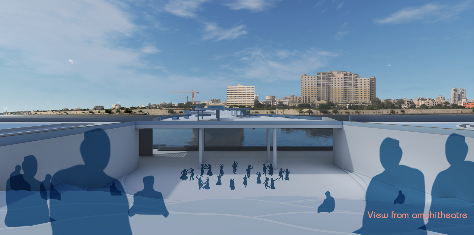 A vibrant cultural arena hosting performances and public gatherings along the riverfront.